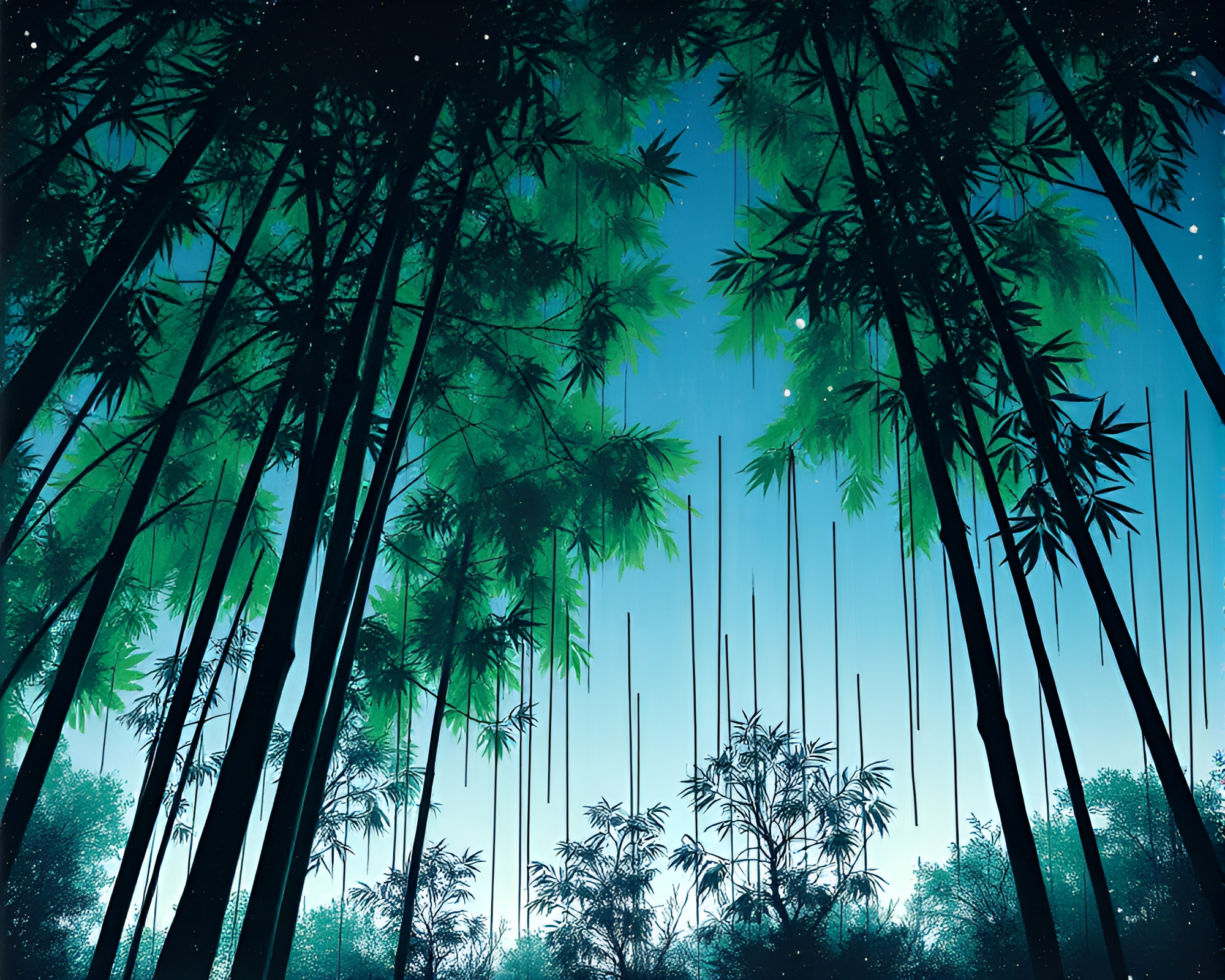 Bamboo Grove Graffiti Drips under Starlit Stipple Sky – free AI stock image