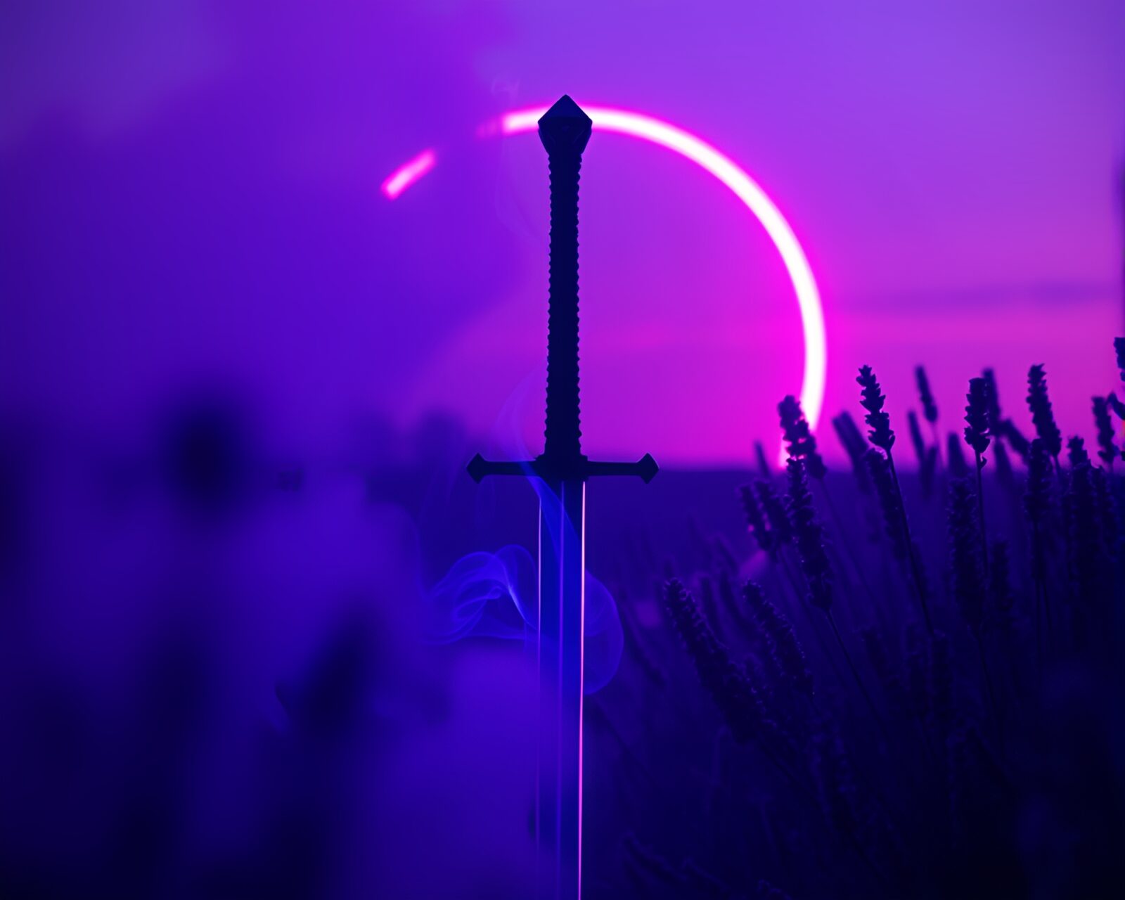 Intricate sword surrounded by swirling lavender smoke in twilight