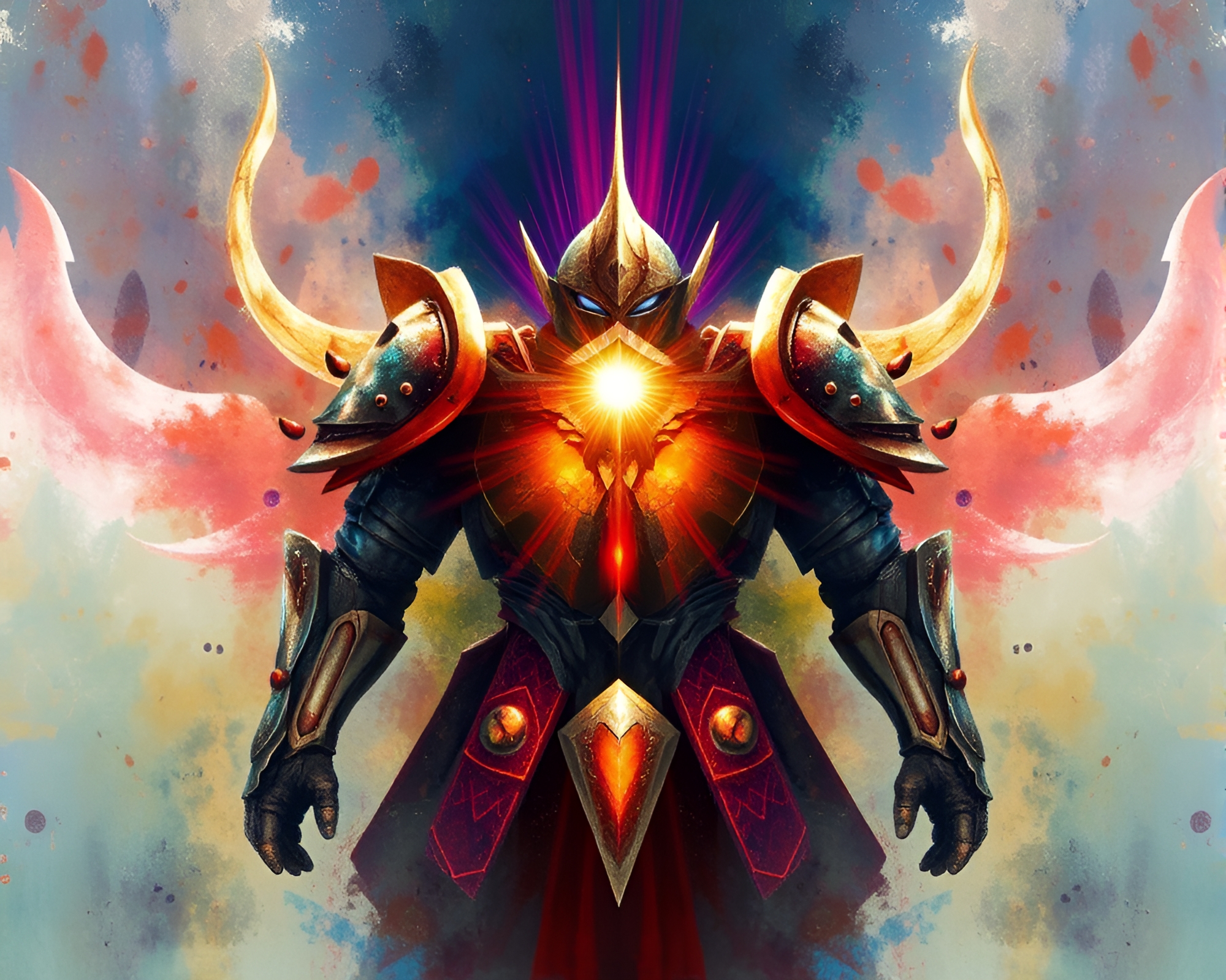 Symmetrical Armor Clad Warrior with Lens Flare Bursts – free AI stock image
