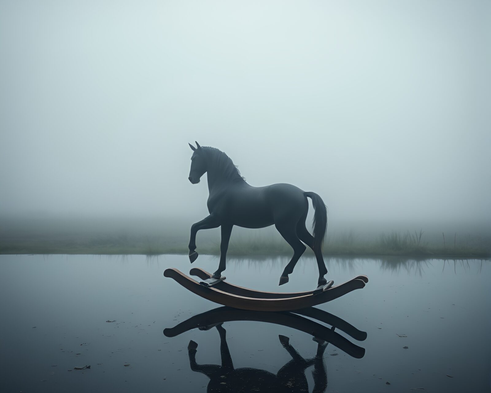 Mysterious reflected wooden rocking horse in misty atmosphere