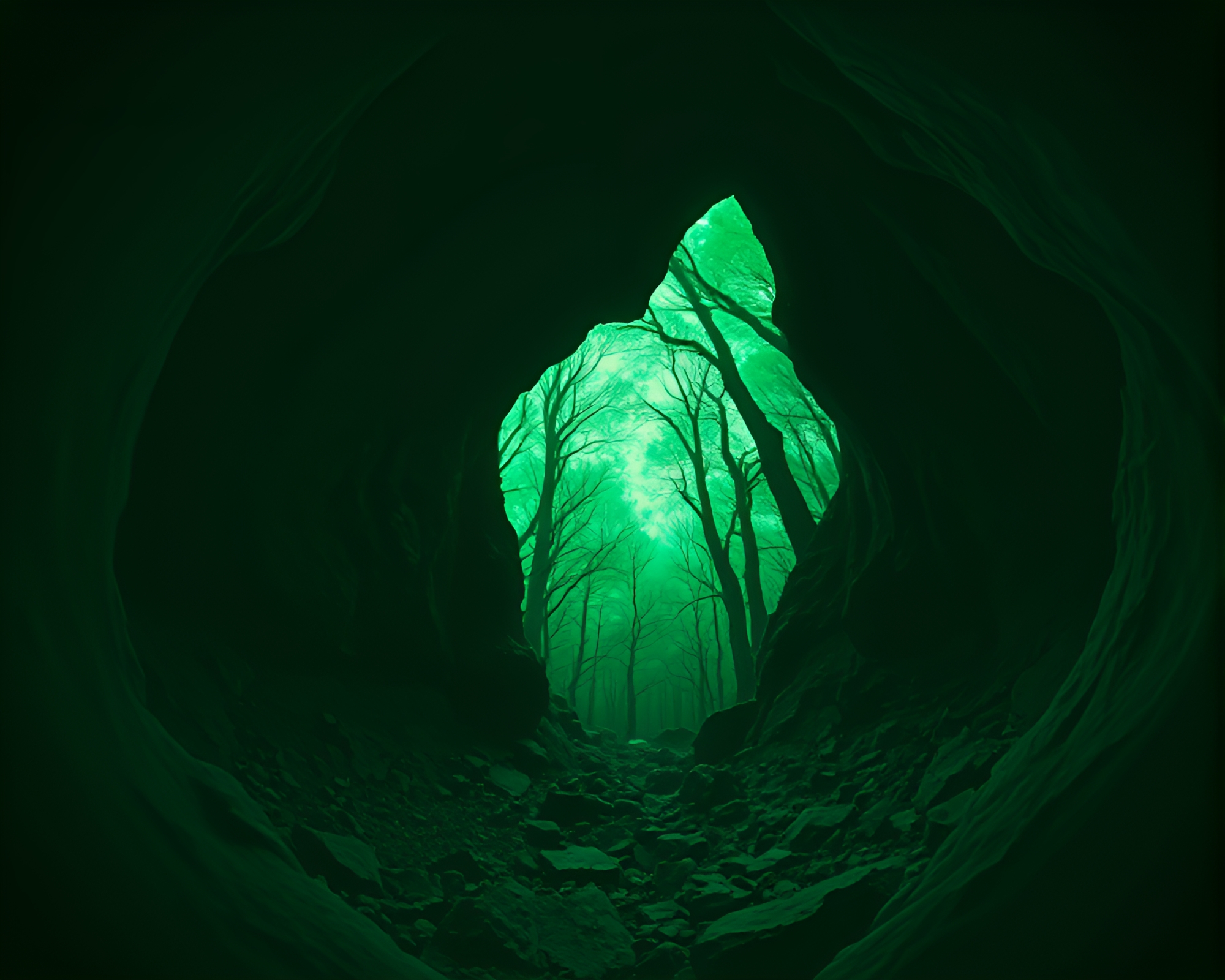 Enigmatic Forest Cave Fisheye Blueprint Painting – free AI stock image