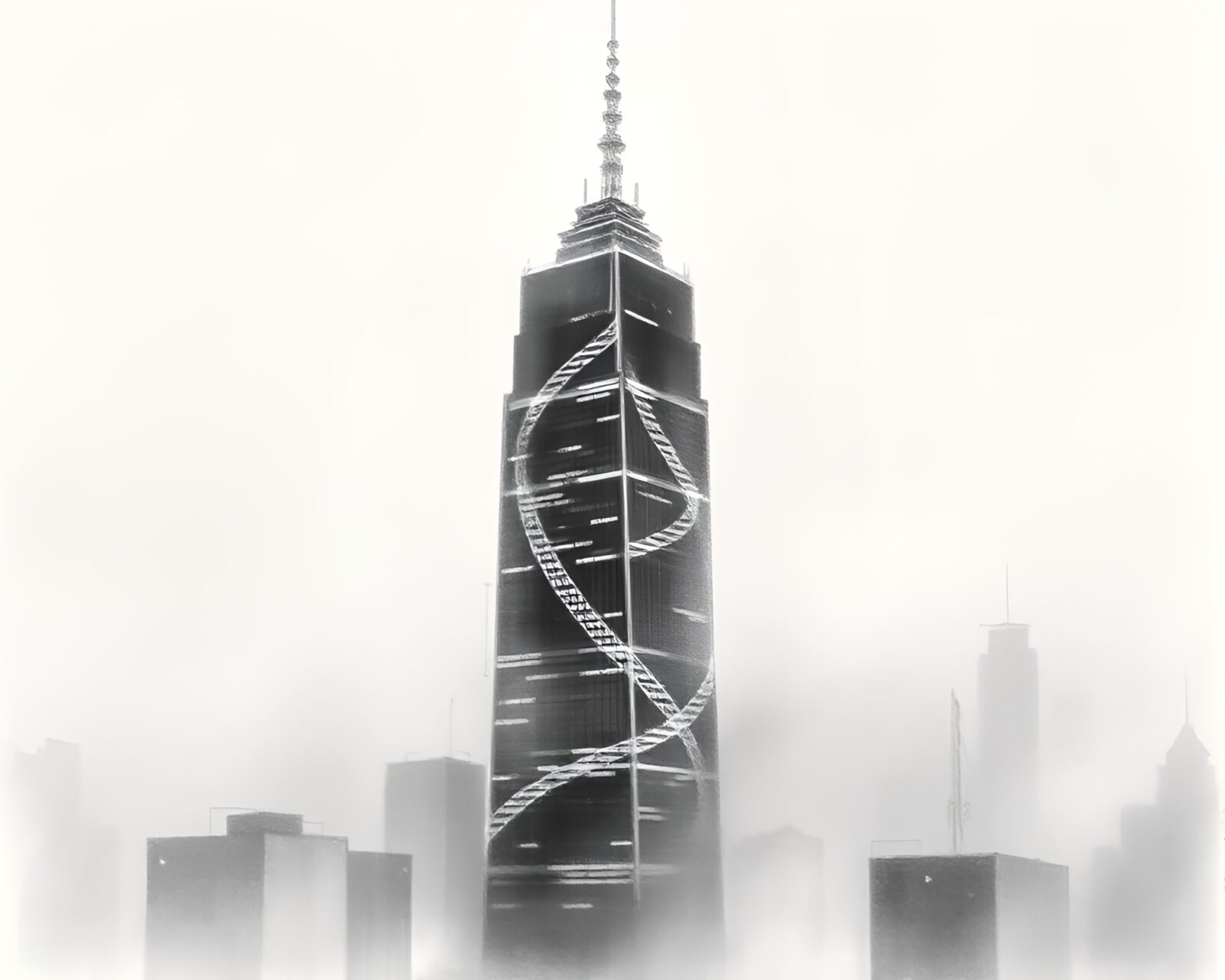 A dreamy haze surrounds a pixel grid skyscraper sketch