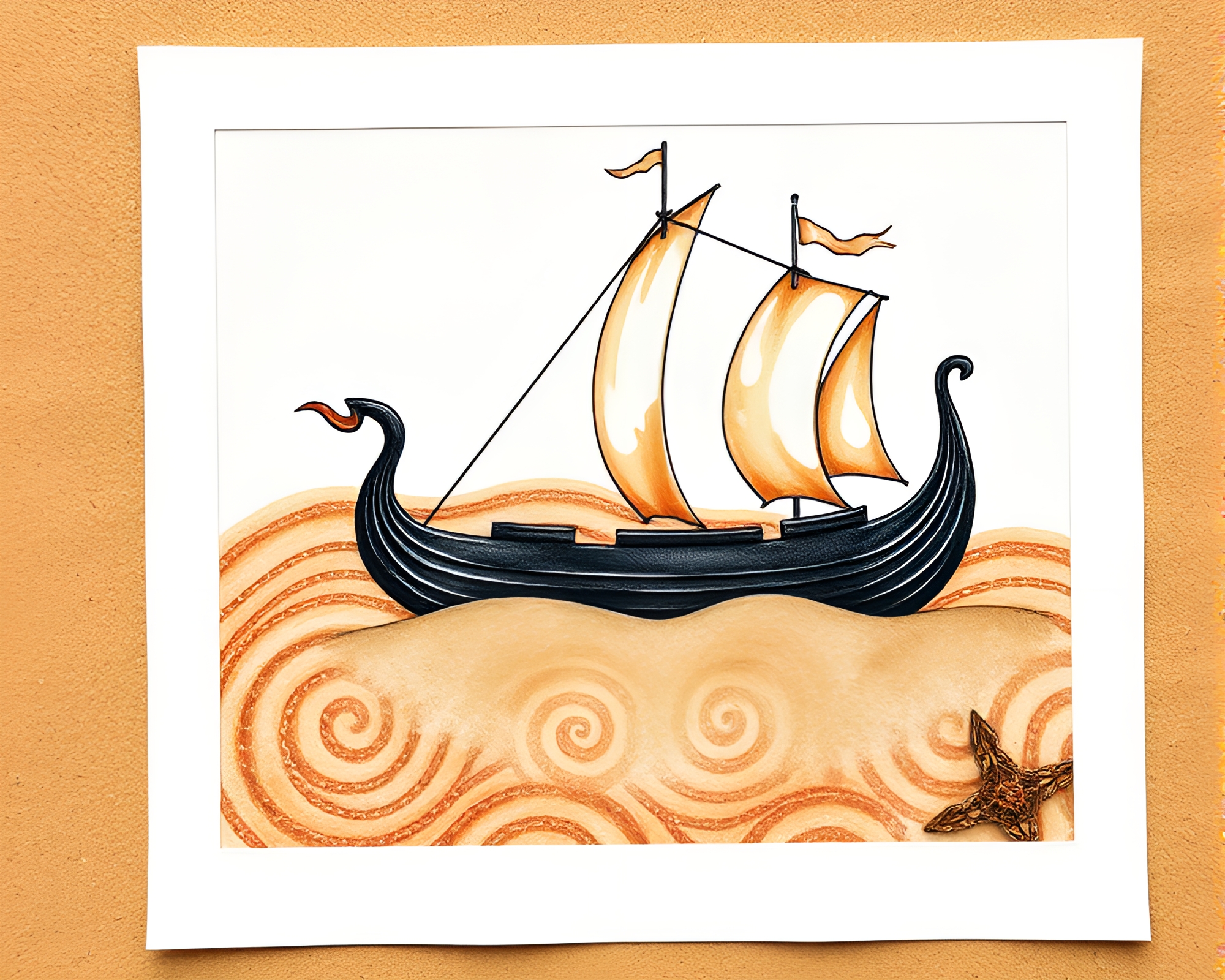 Viking Longship Sand Swirl Watercolor Fantasy – free AI stock image