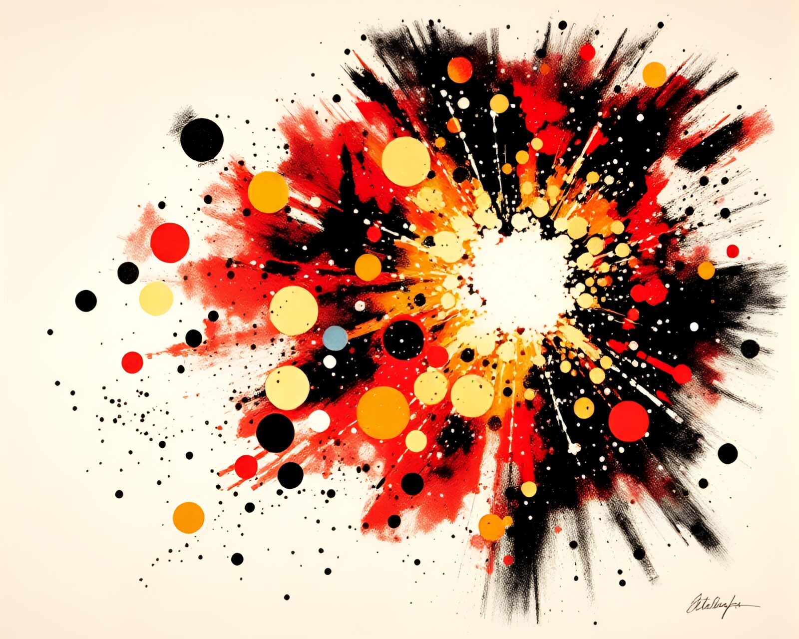 Tattoo flash-style abstract expressionism in torchlight glow and dots