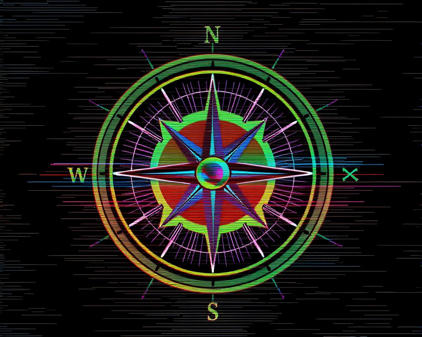 Abstract composition of crosshatched compass with glitch colors overlay