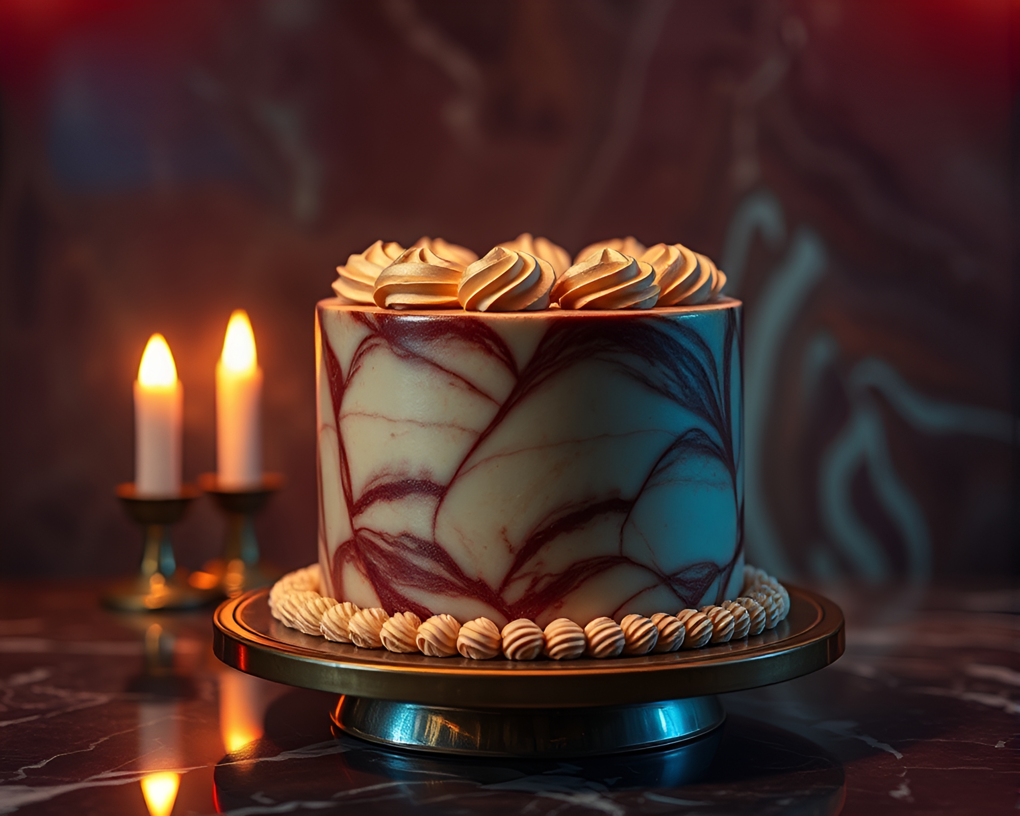 Bronze Marbled Cake Illuminated by Synthwave Fireplace – free AI stock image