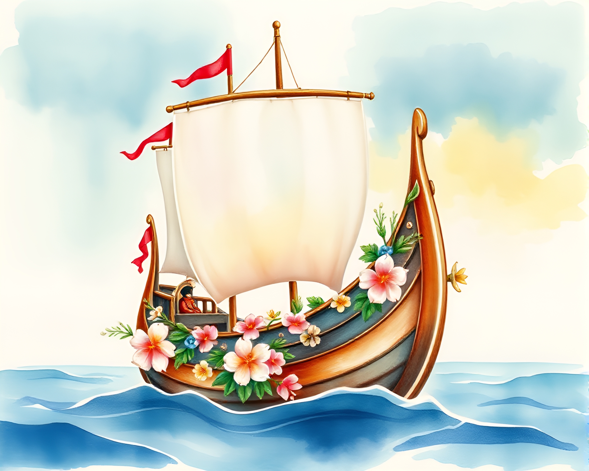 Watercolor Viking Longship Sailing with Complementary Palette – free AI stock image