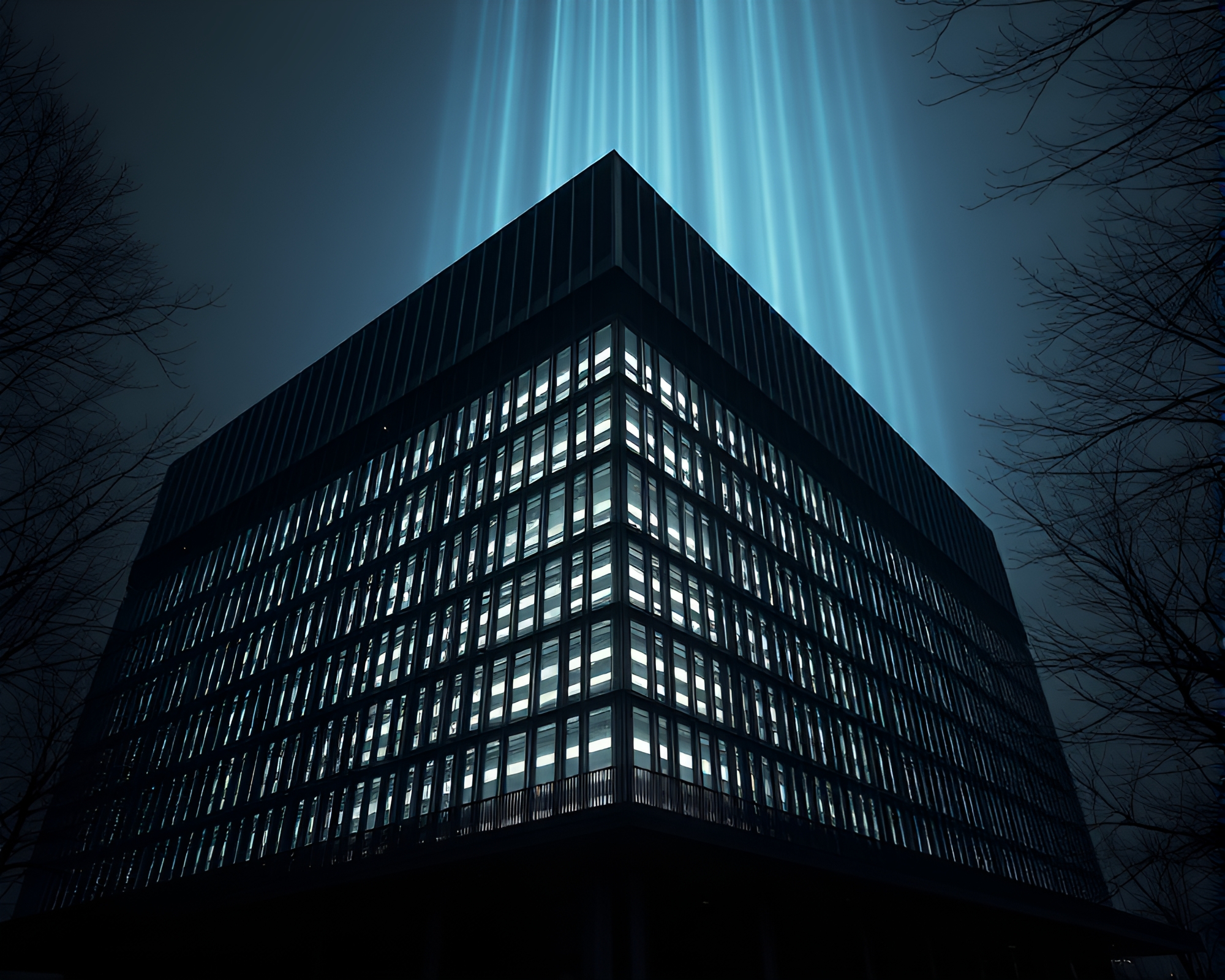 Glowing Fiber Optics in Brutalist Noir Landscape – free AI stock image