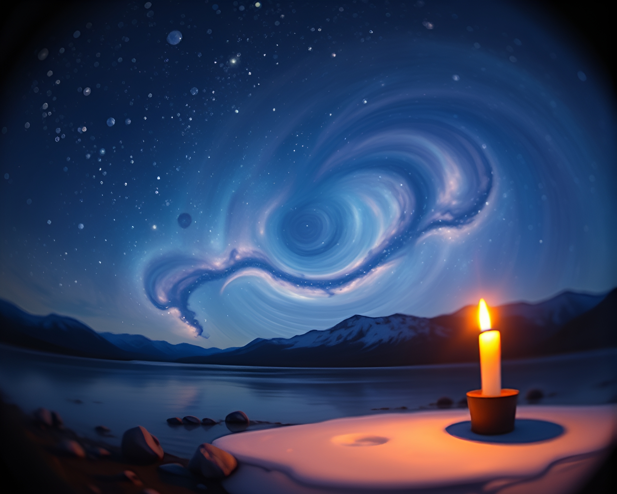 Enchanting Oil Painting under Candlelit Milky Way Sky – free AI stock image