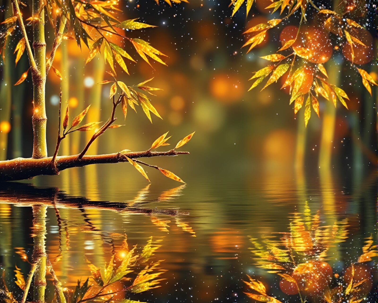 Surreal neon-lit landscape with bamboo flute reflecting in glitter