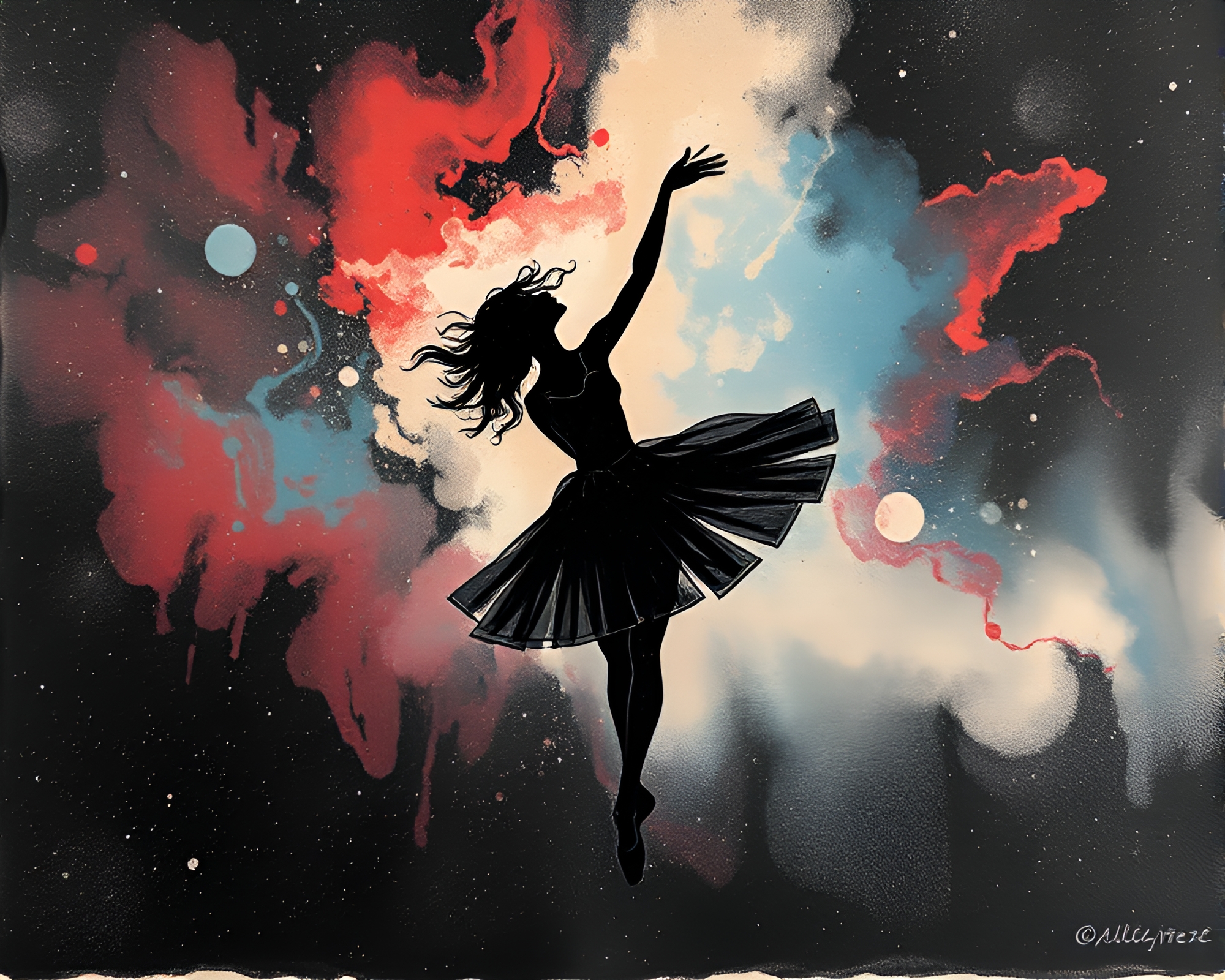 Cosmic Ballerina in Charcoal Linocut Print – free AI stock image