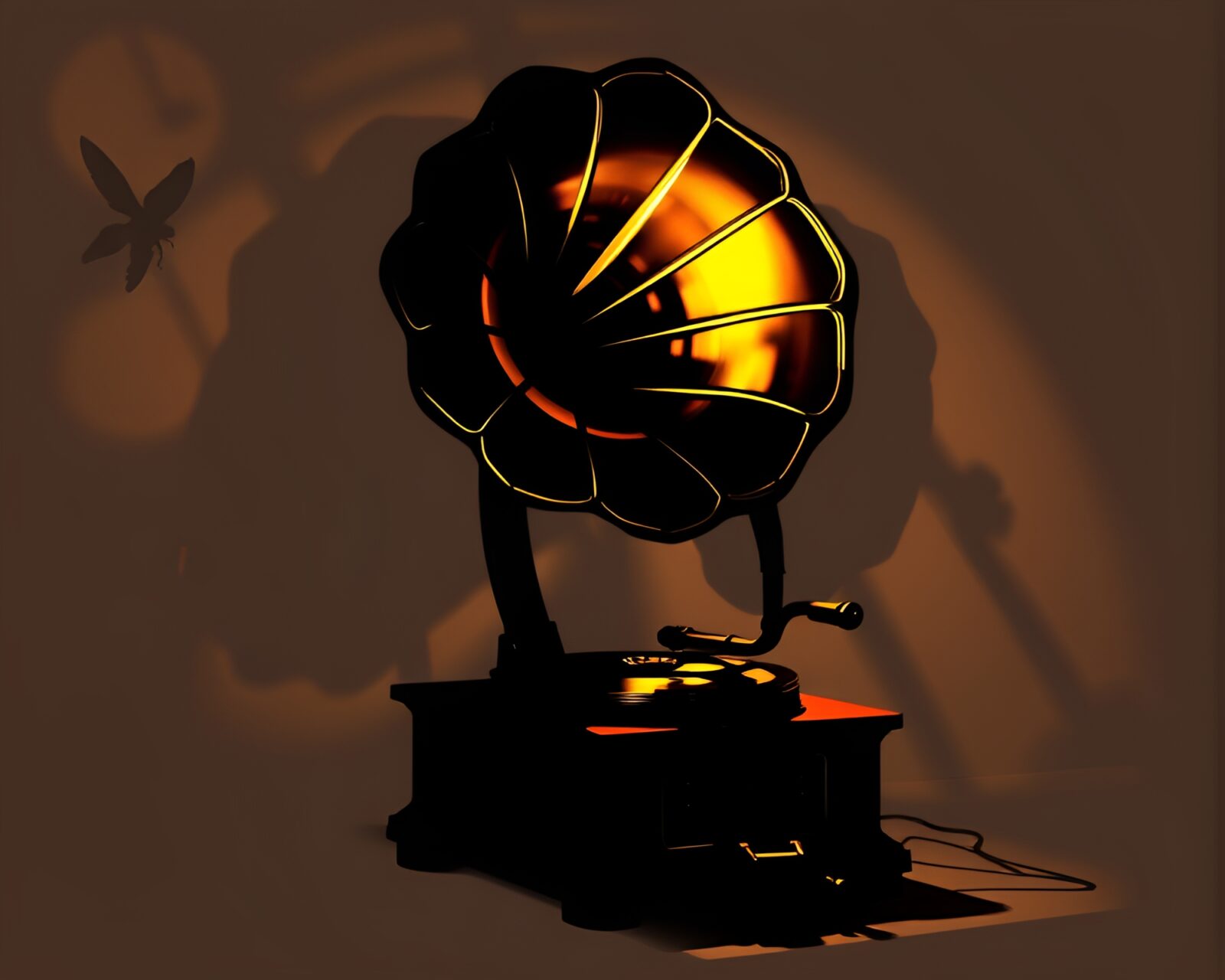 Enchanting steampunk gramophone emitting firefly luminescence in shadowy setting