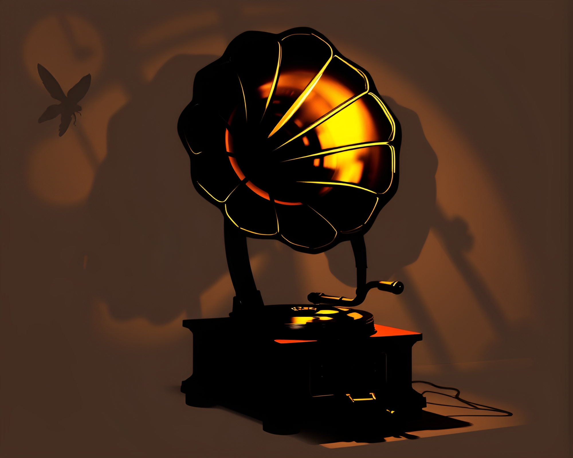 Steampunk Gramophone Casting Stencil Shadows in Futuristic Illustration – free AI stock image
