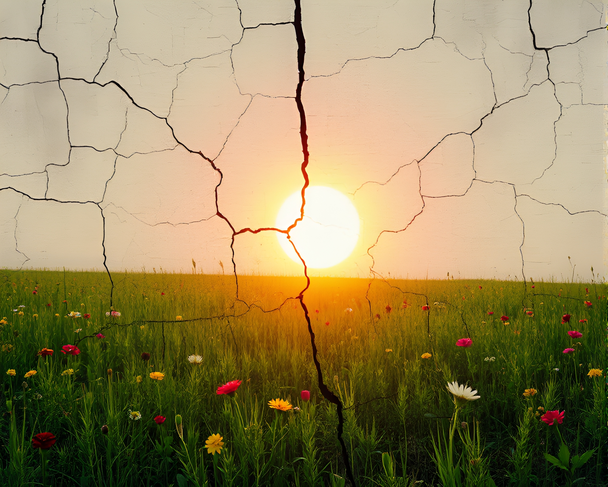 Cracked Earth Blossoms: Utopian Meadow Fantasy – free AI stock image