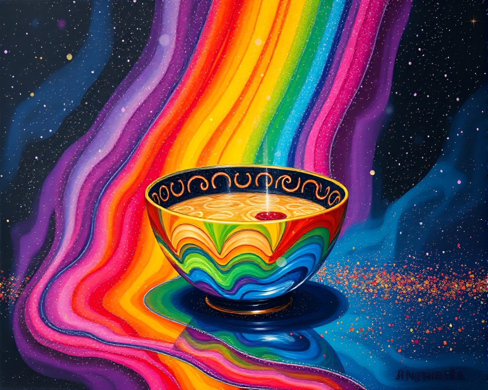 Colorful ramen bowl in an oil-slicked rainbow hue
