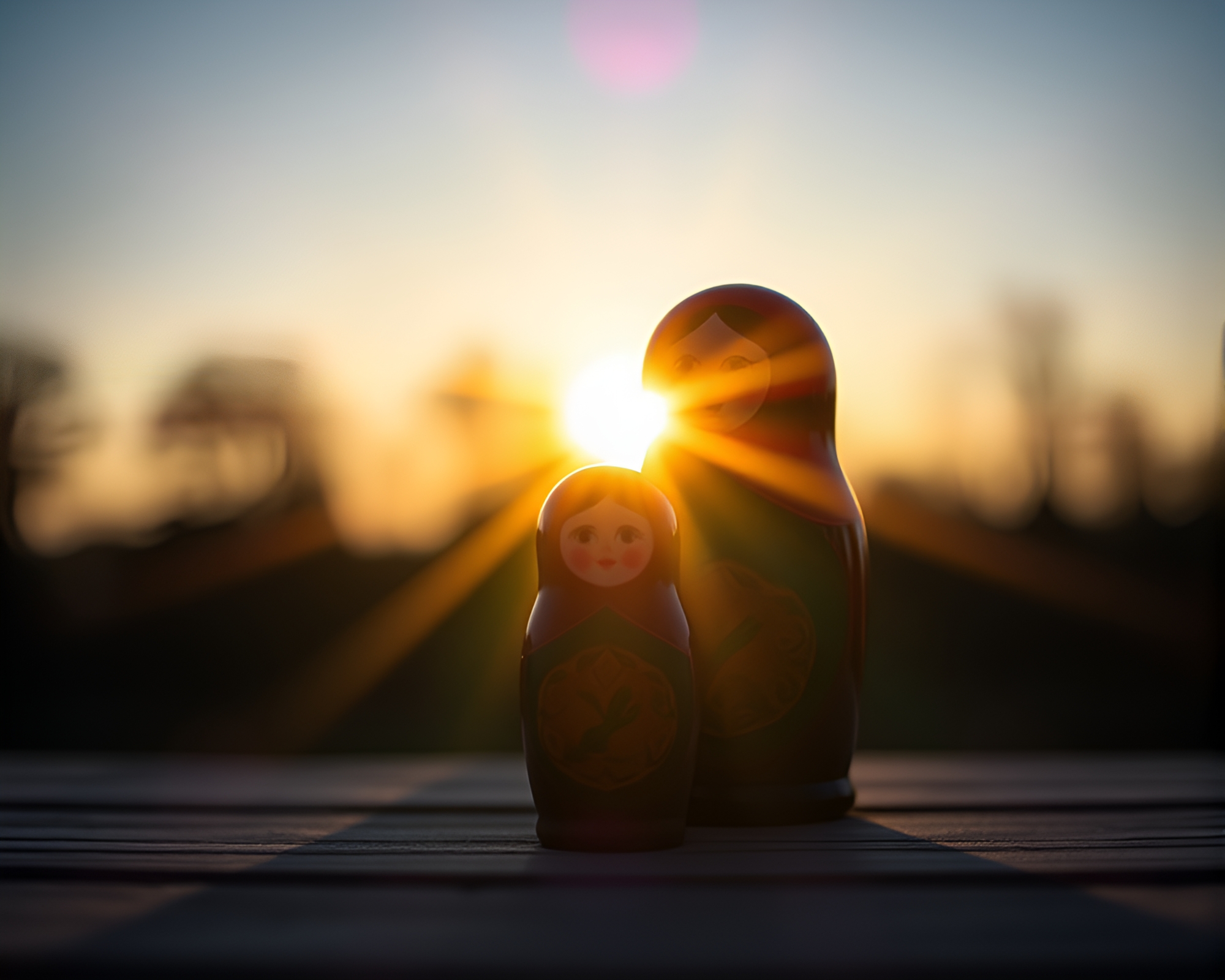 Matryoshka Doll Bathed in Blue Hour Lens Sunburst – free AI stock image