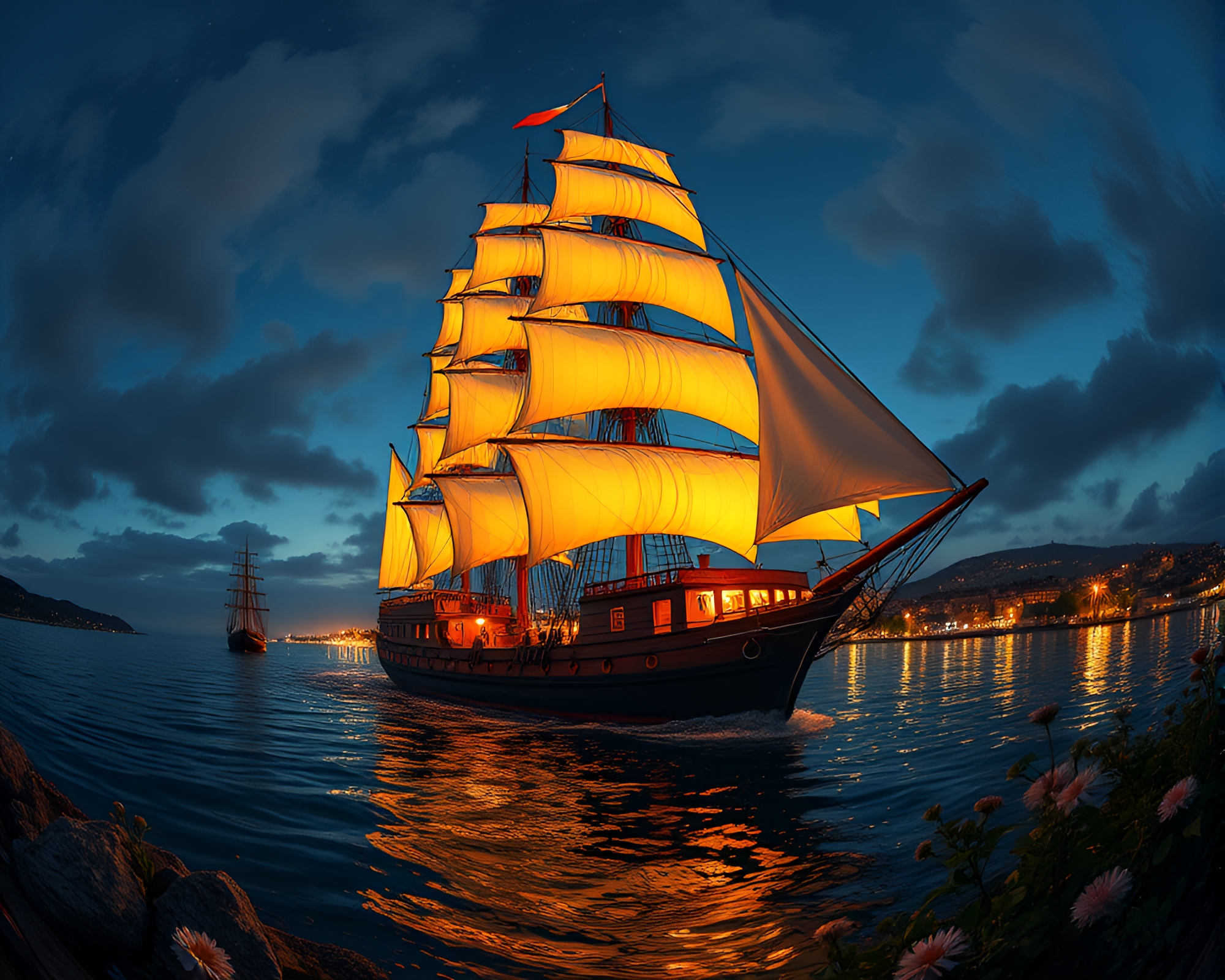 Botanical Illustration of Classic Sailing Ship with Fisheye Effect – free AI stock image