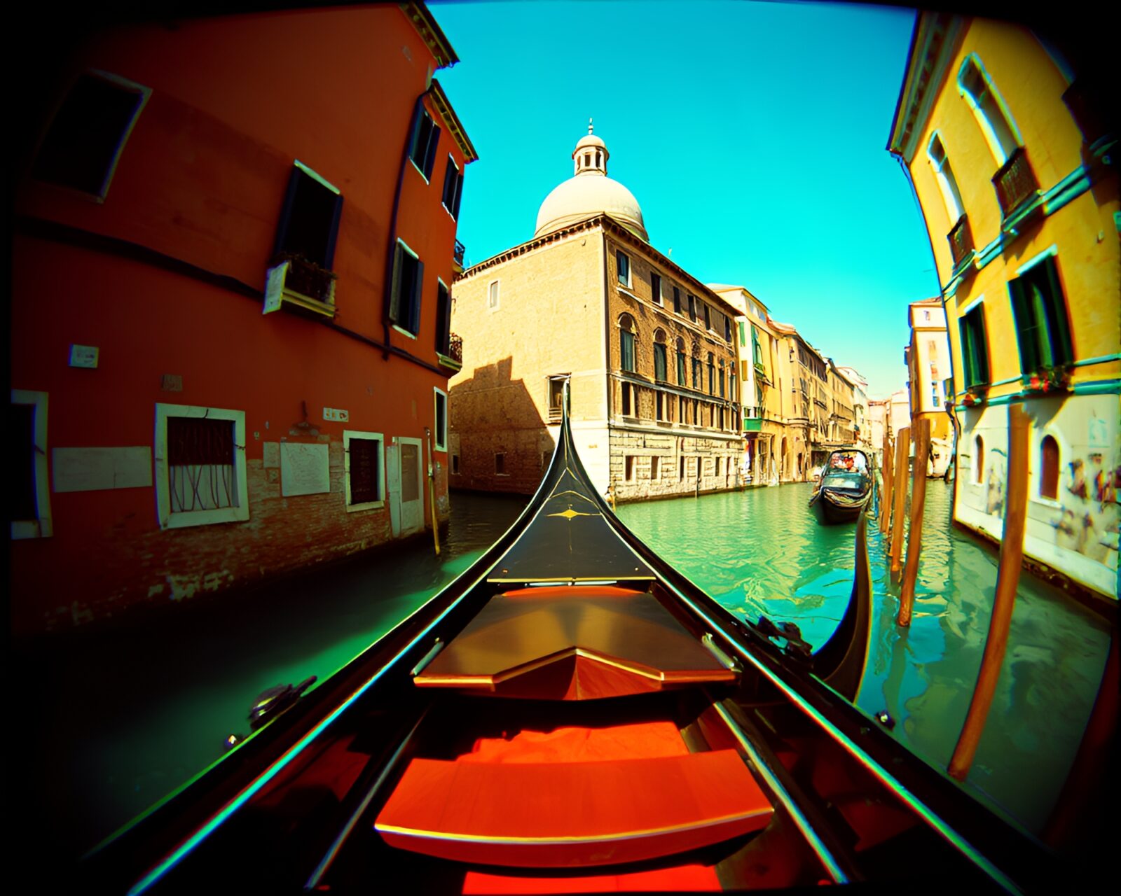 Venetian gondola with expired film look in pop art style