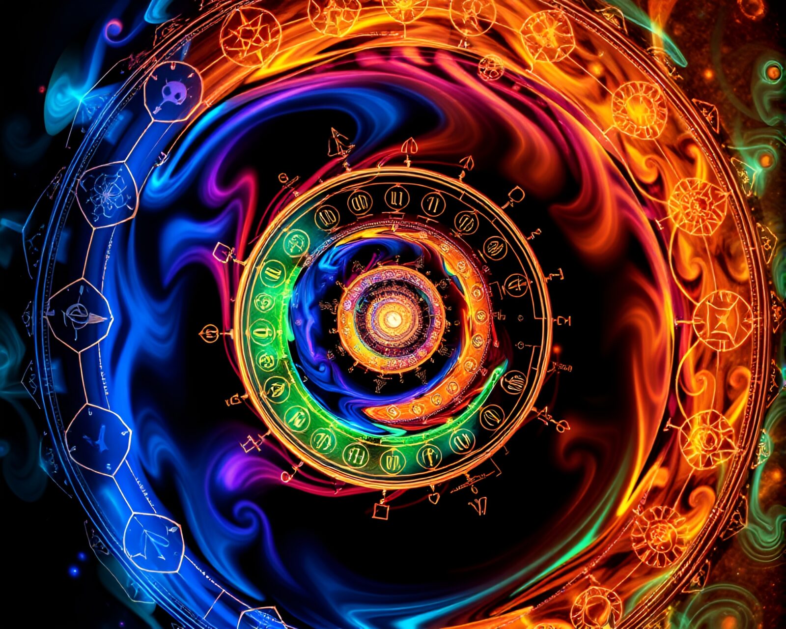 Spiraling alchemical symbols in vibrant thermal hues, kinetic movement depicted