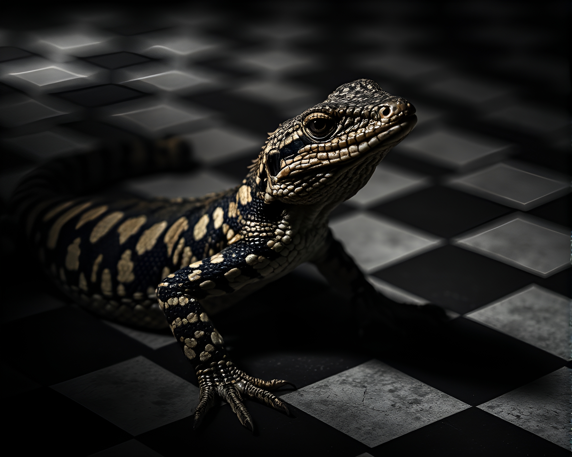 Basilisk in Checkered Shadows: A Photogrammetry Masterpiece – free AI stock image