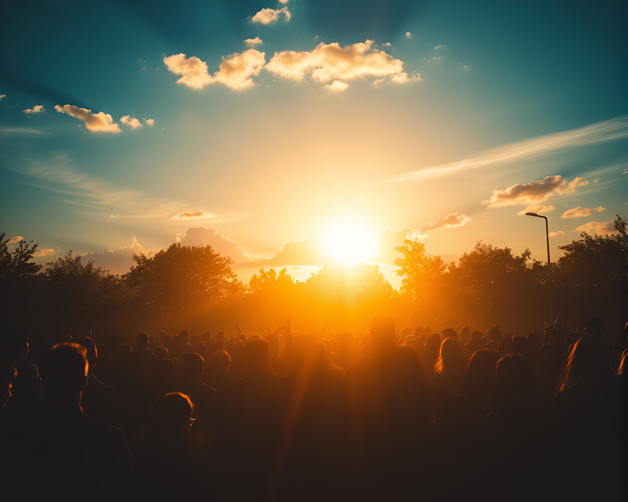 Silhouetted crowd in glowing sky garden with particle magic – free AI stock image