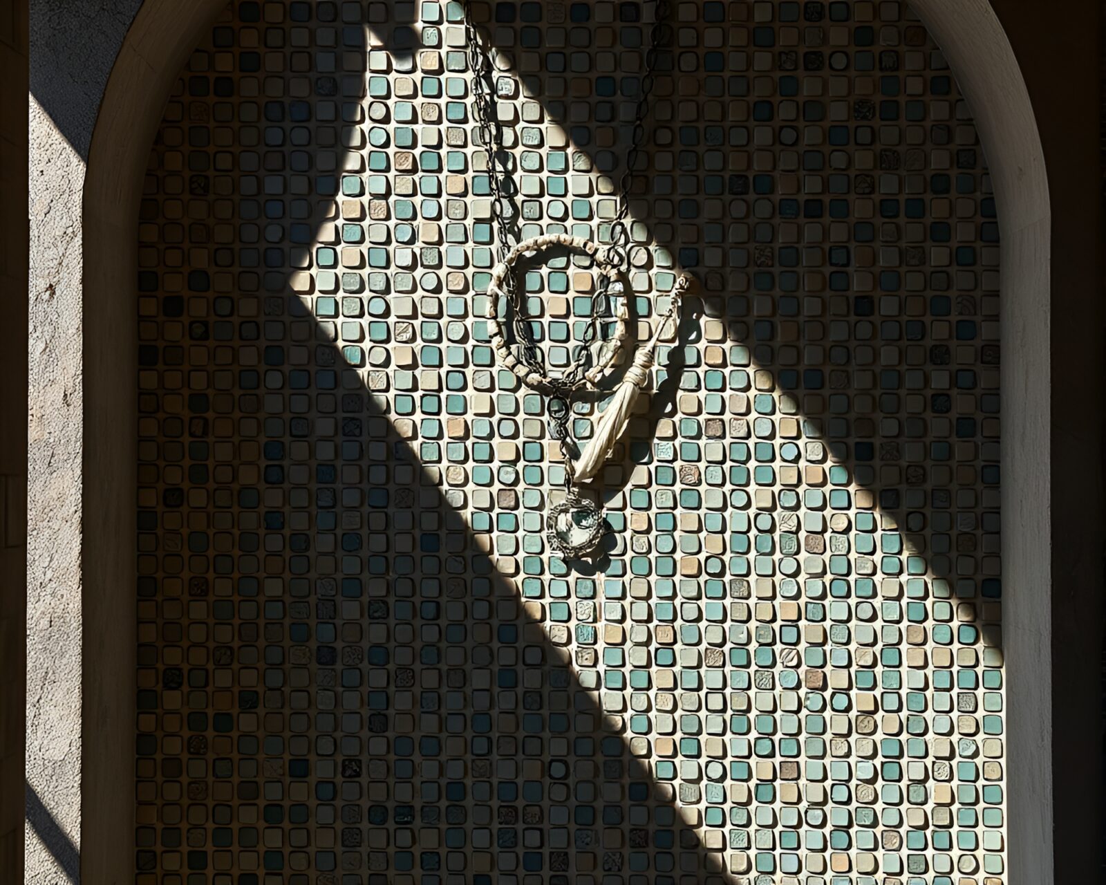Intricate mosaic necklace design with real-time shadows in attic