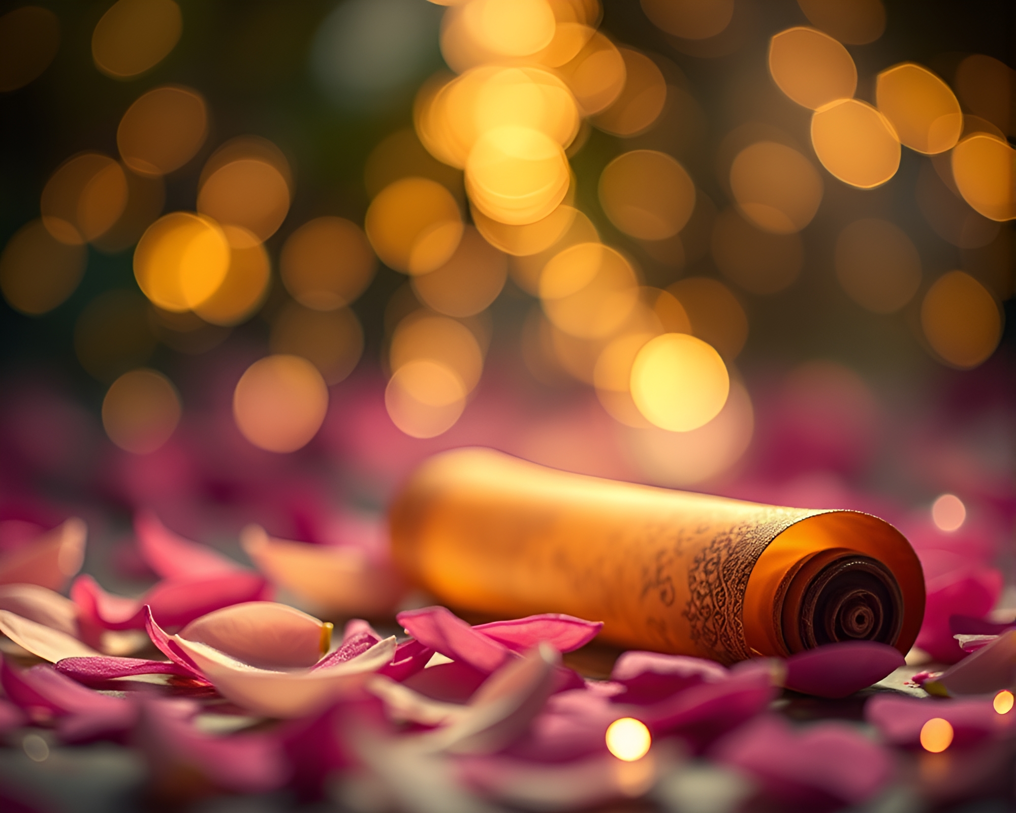 Ancient Scroll Unfolding Among Bokeh Lights and Flower Petals – free AI stock image