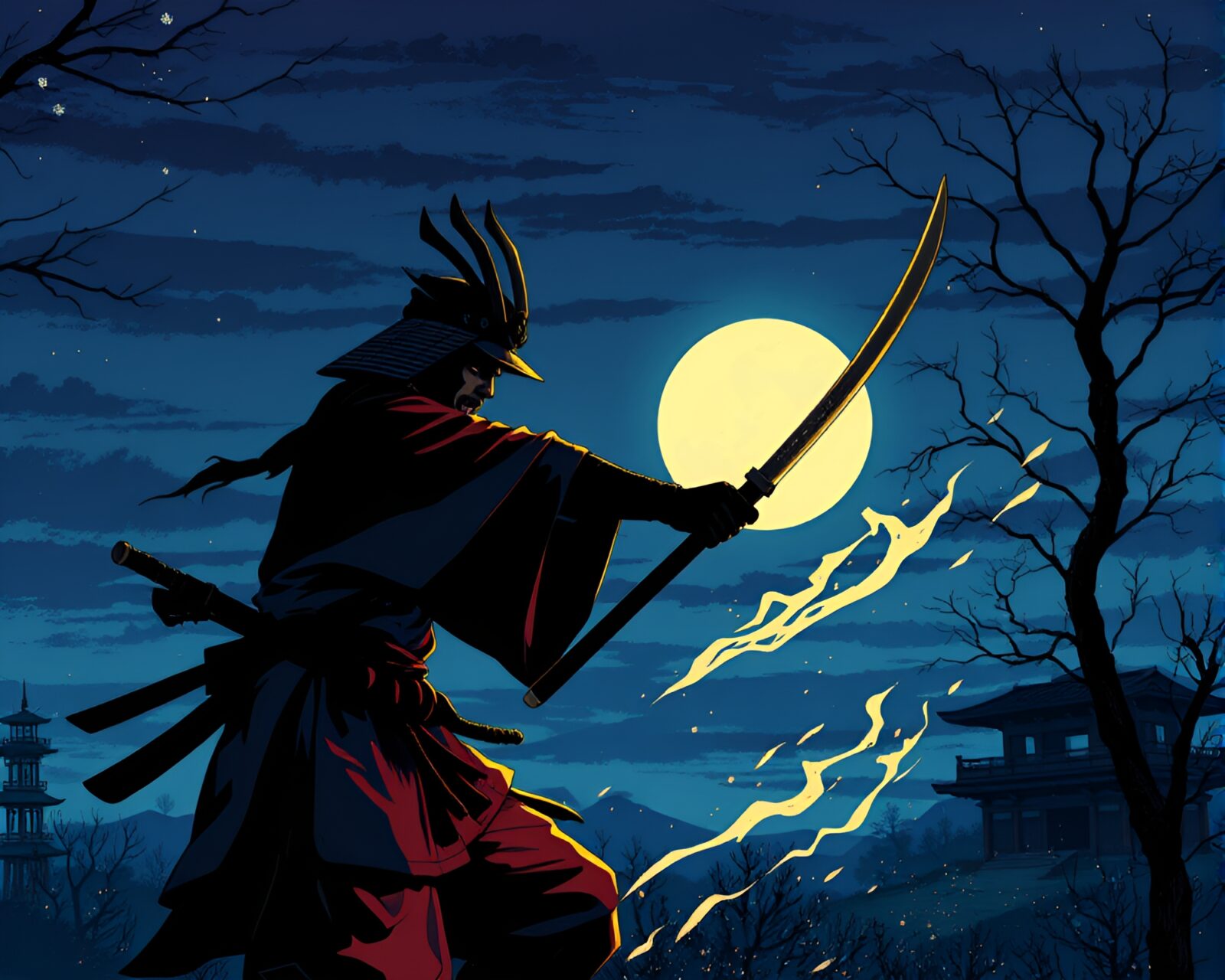 Samurai wielding sword at twilight in dynamic graphic novel art