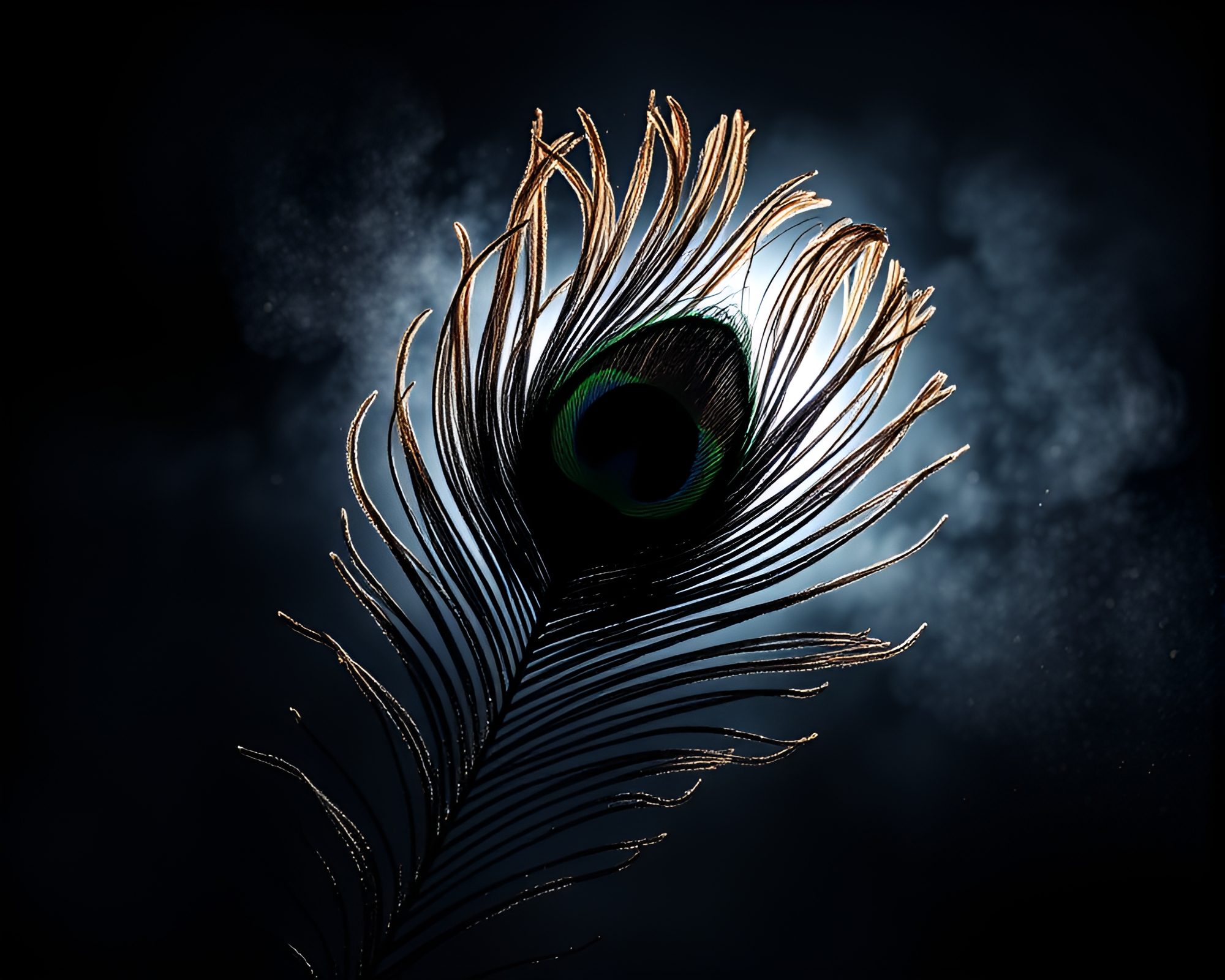 Elegant Peacock Feather Silhouette Dust Overlay Composition – free AI stock image