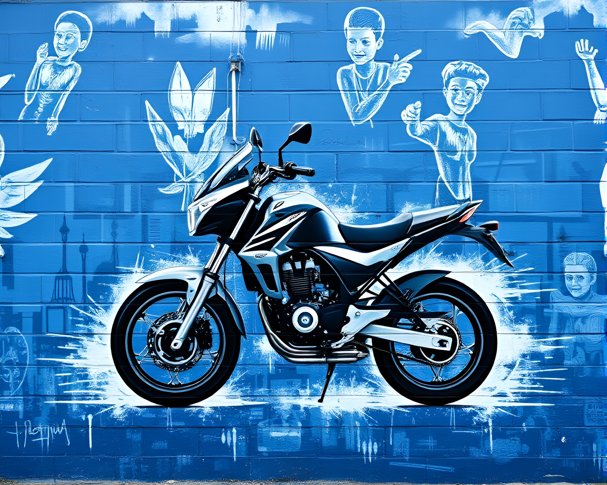 Futuristic Hoverbike Mural in Monochrome Blue – free AI stock image
