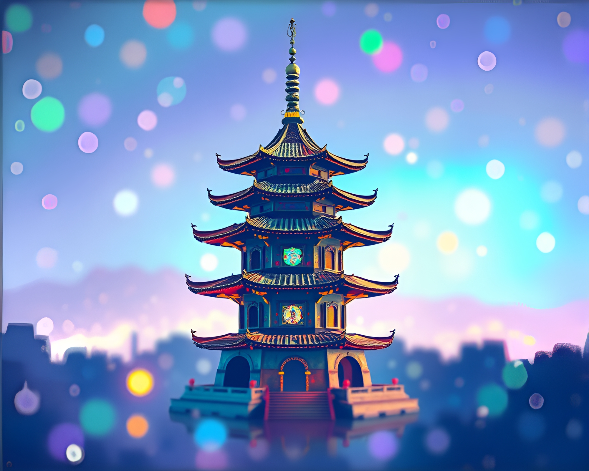 Holographic Pagoda in Analogous Colors – free AI stock image