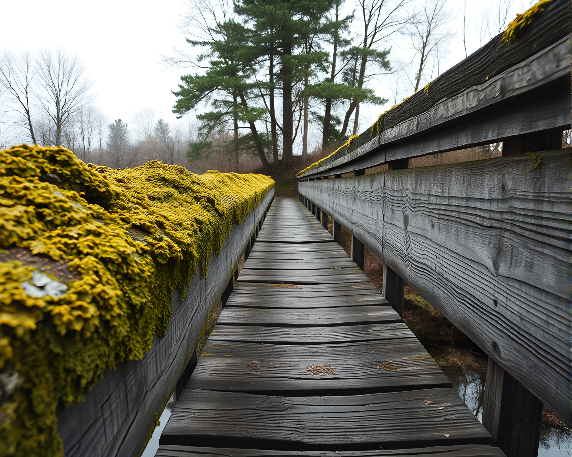 Lichen-Covered Wooden Bridge in Acid Wash Grunge Style – free AI stock image
