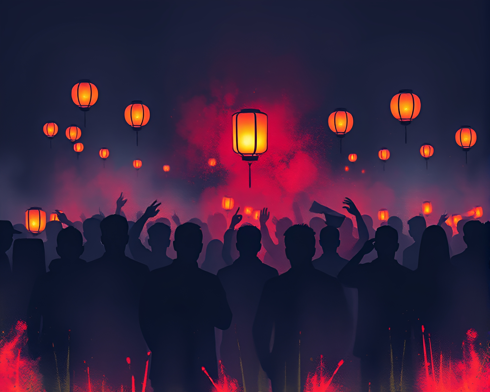 Spray Paint Graffiti Crowd Silhouettes Lantern Glow – free AI stock image