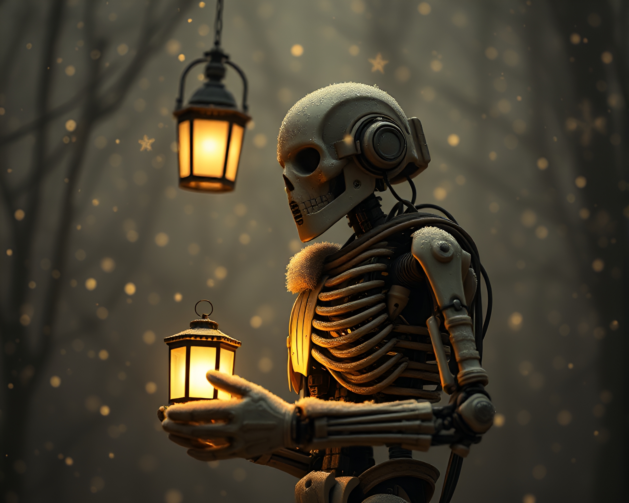 Snowflake-themed Exoskeleton Suit in Sepia Lantern Light – free AI stock image