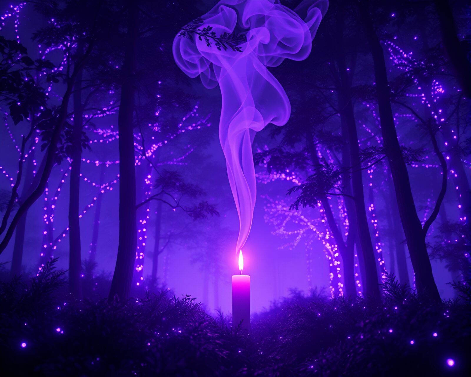 Glowing forest at dusk with mystical candle vapors