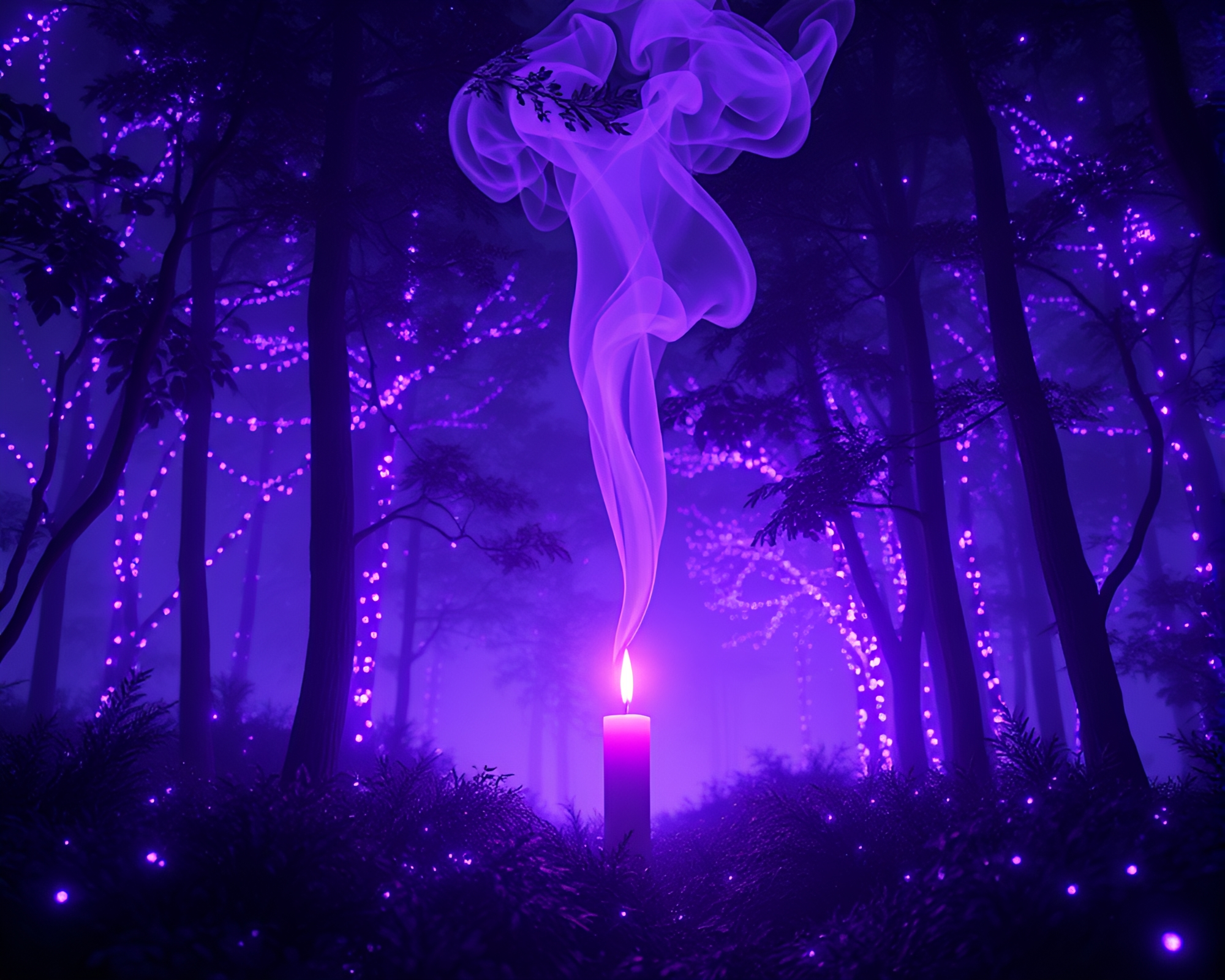 Bioluminescent Twilight Forest with Candle Smoke – free AI stock image