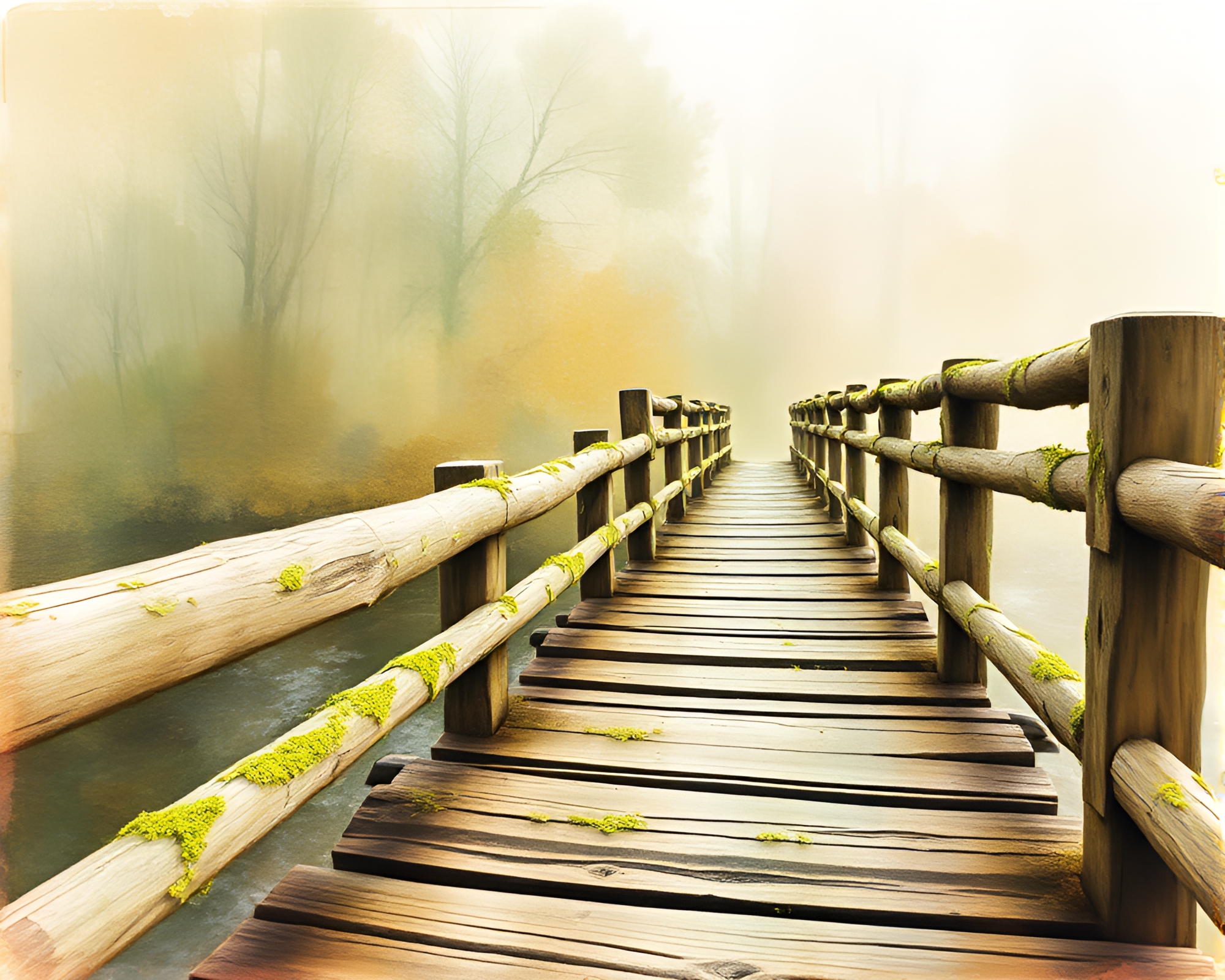 Enchanting Wooden Bridge with Lichen Texture Hues – free AI stock image