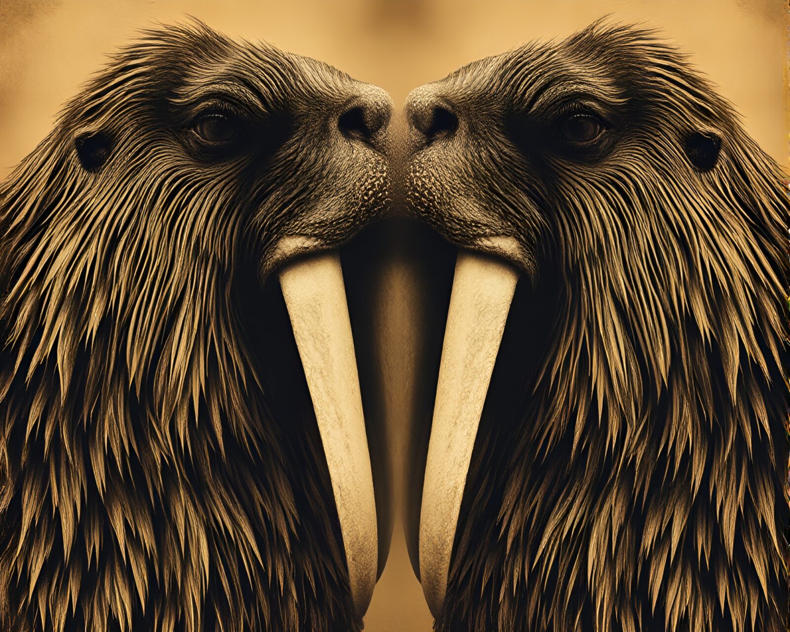 Highly detailed sepia tone walrus in symmetrical pose