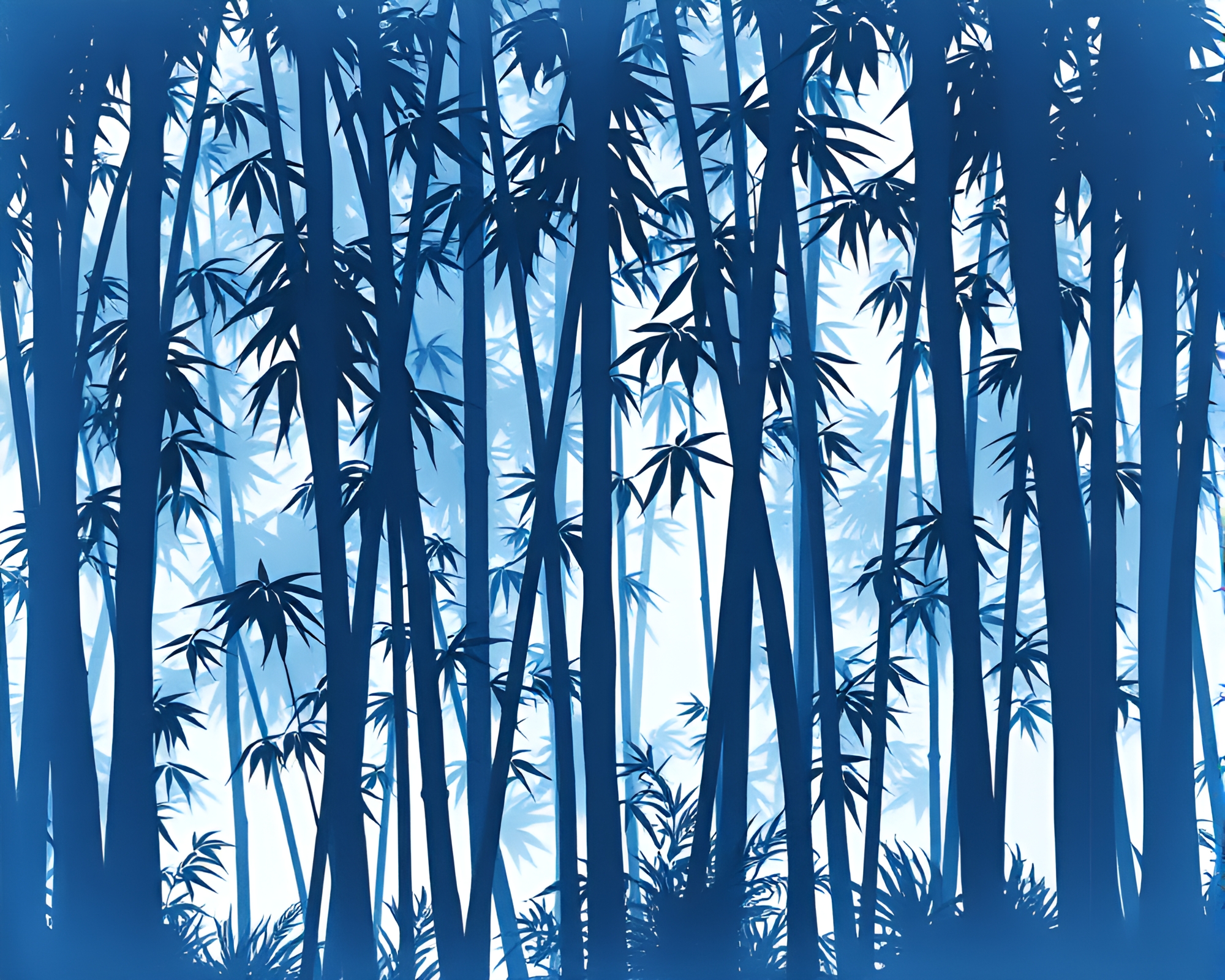 Monochrome Blue Watercolor Bamboo Grove Silhouette – free AI stock image