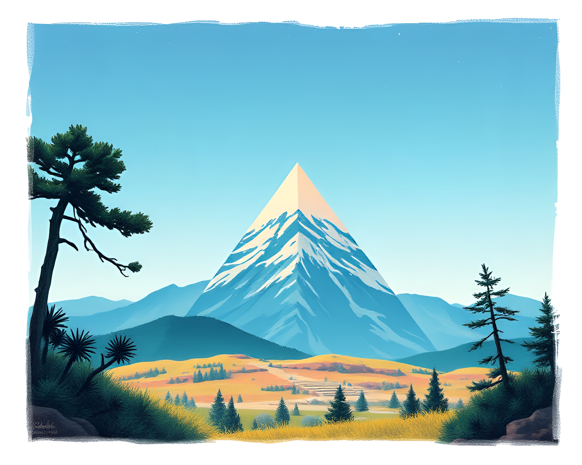 Vintage Pyramid in Sumi-e Brushwork, Natural Frame – free AI stock image