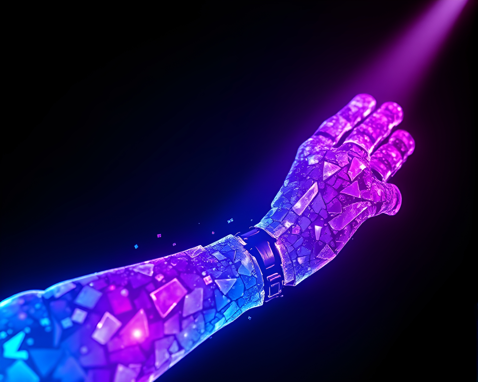 Broken Mosaic Robotic Arm Under Neon Spotlight – free AI stock image