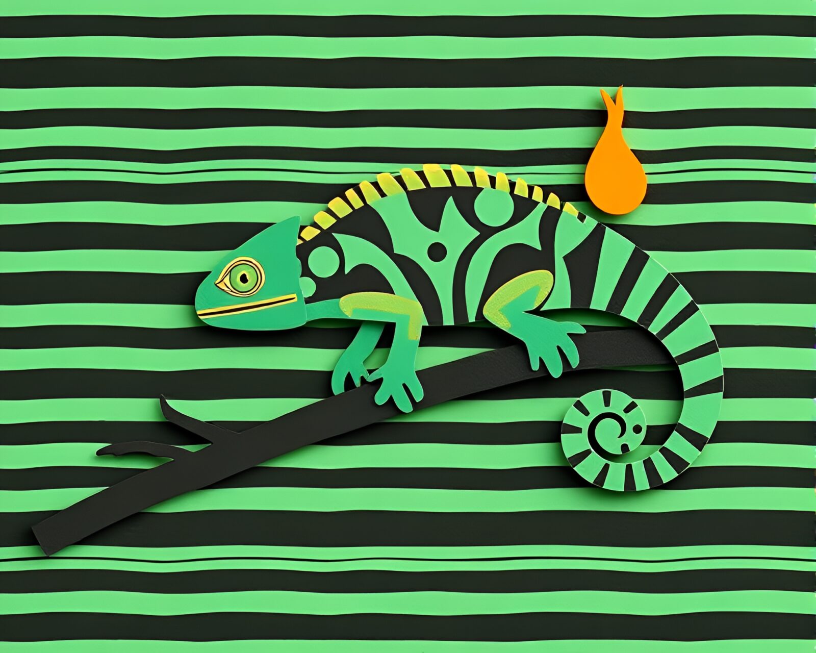 Colorful chameleon blending into striped paper cutout fireplace