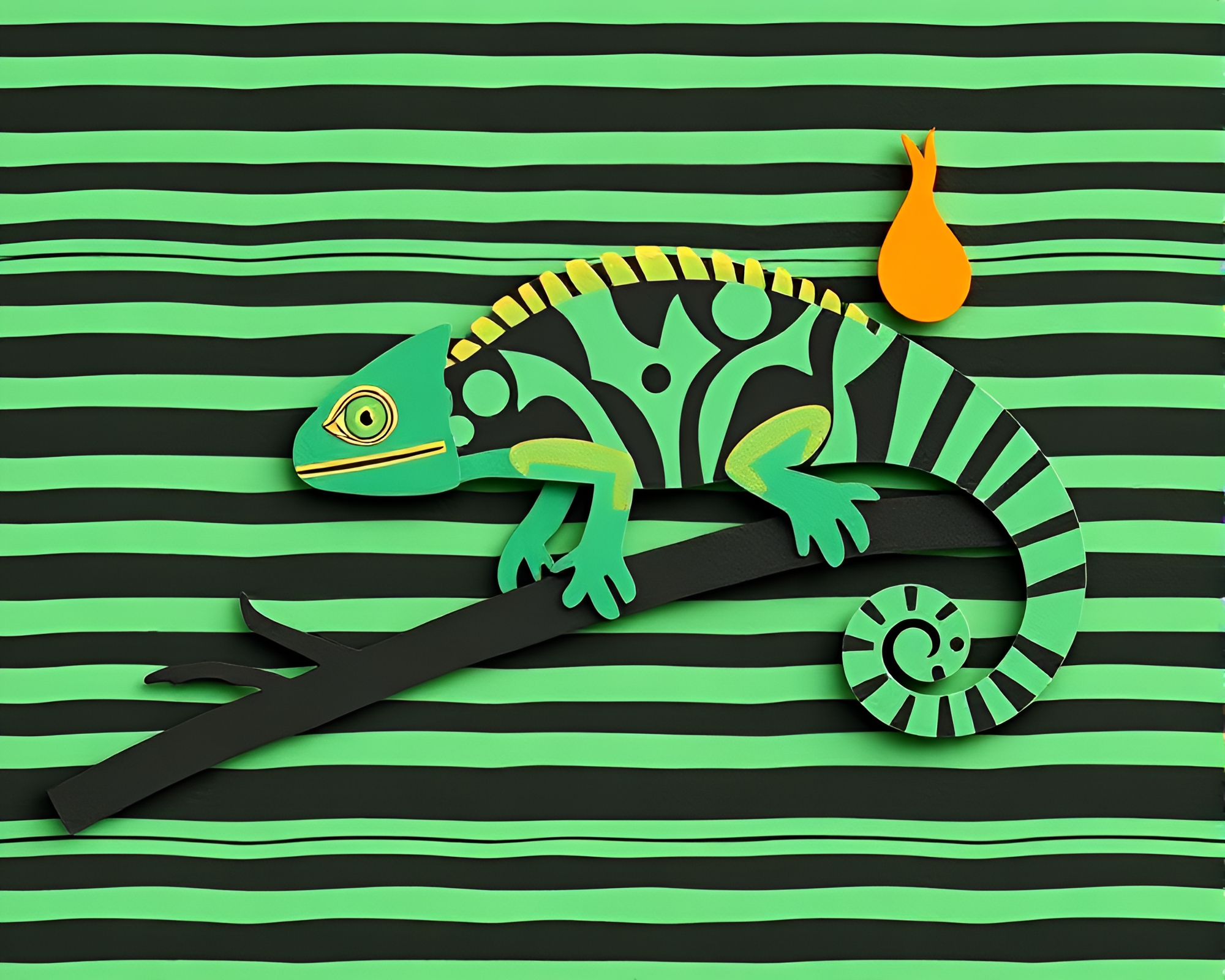 Striped Chameleon in Paper Cutout Fireplace Scene – free AI stock image