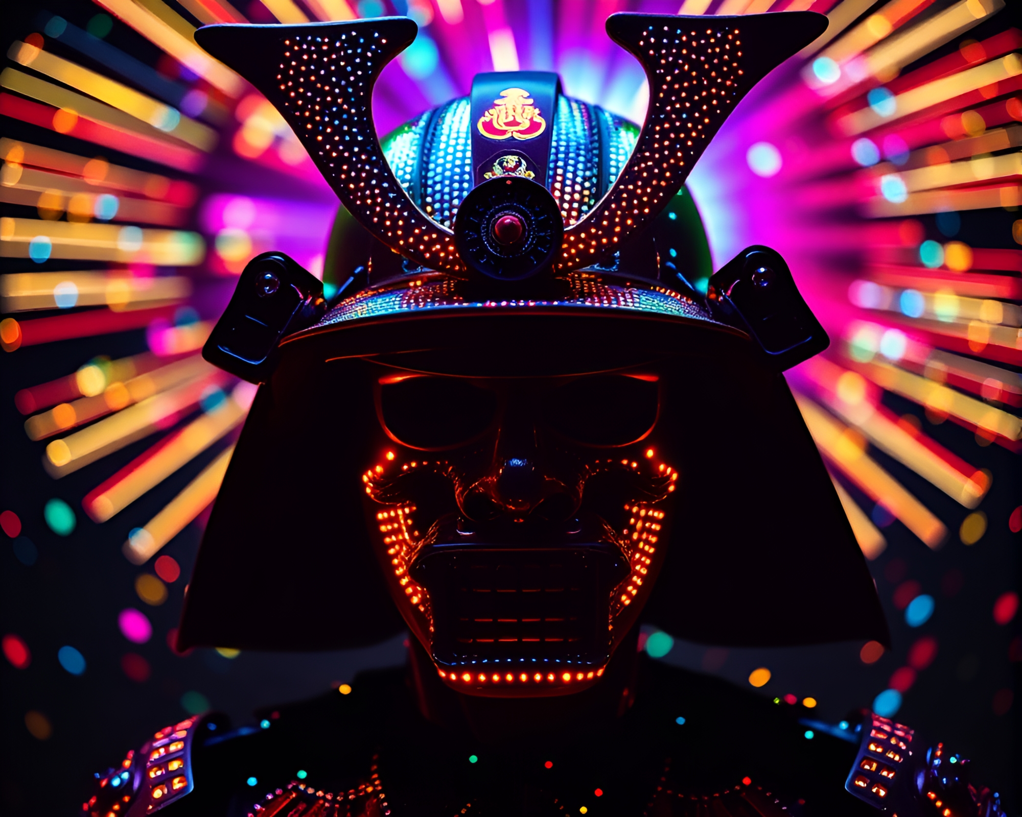 Neon Samurai Helmet Illuminated by Pointillist Confetti – free AI stock image