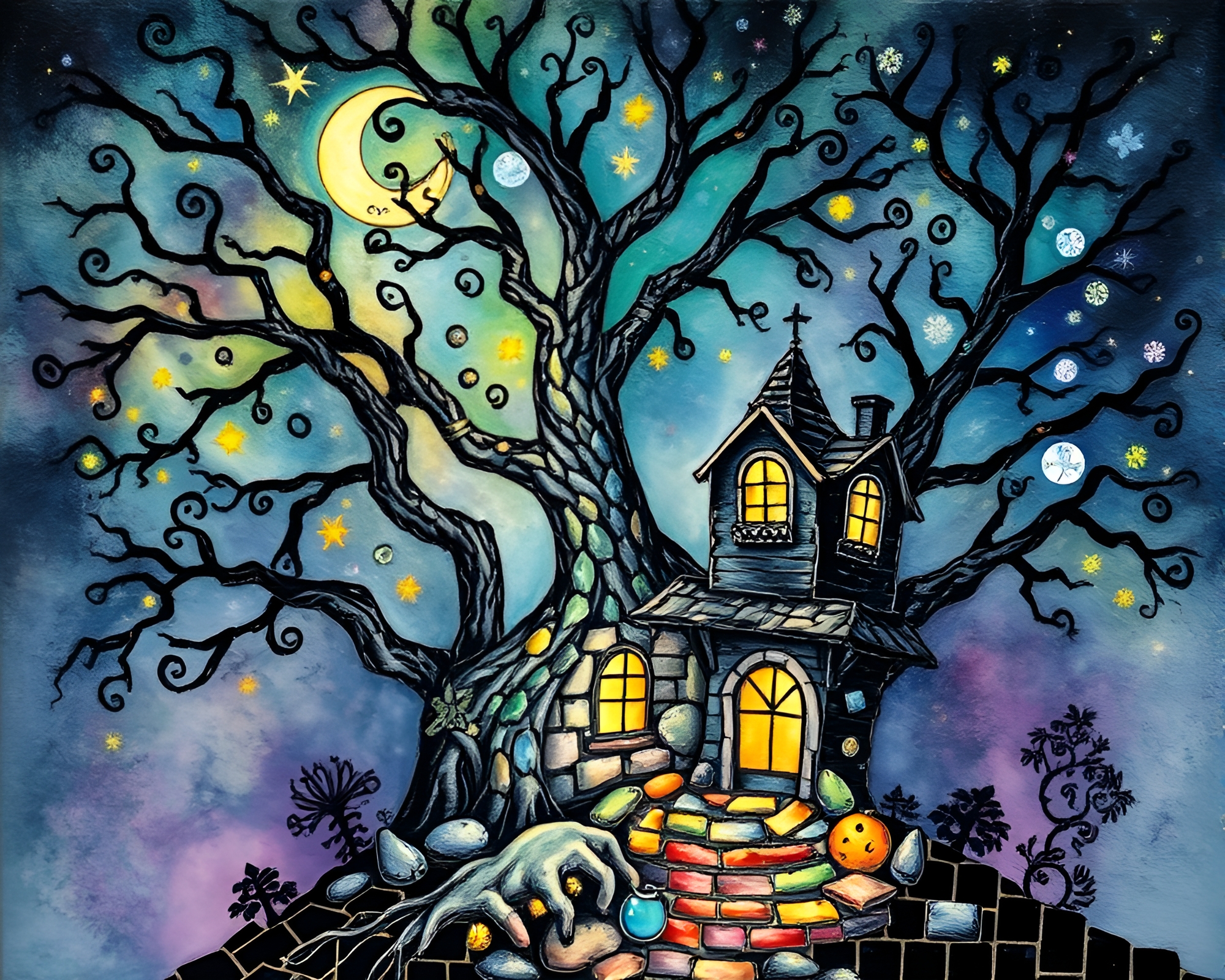 Enchanted Treehouse Mosaic Illuminated with Sorcery Glow – free AI stock image