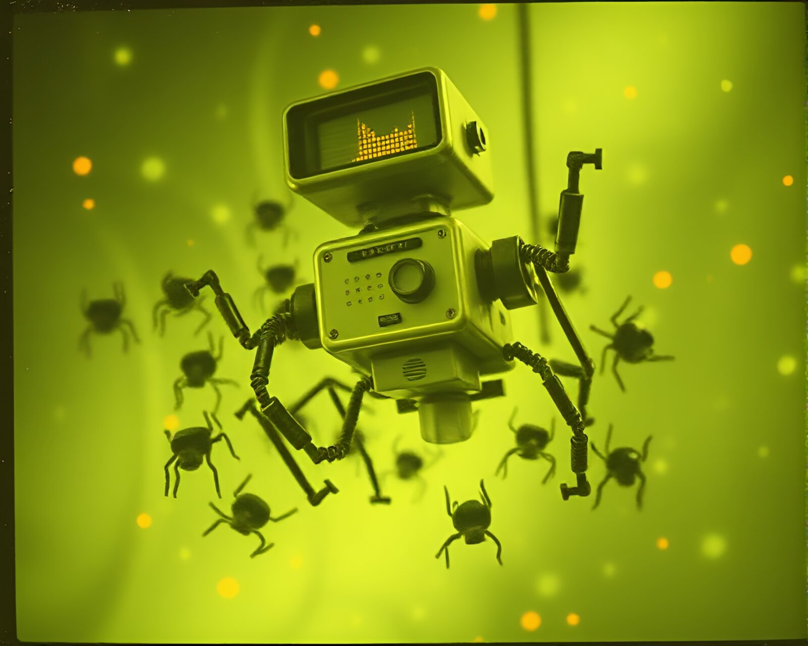 A swarm of nanobots depicted in vintage thermal stippling