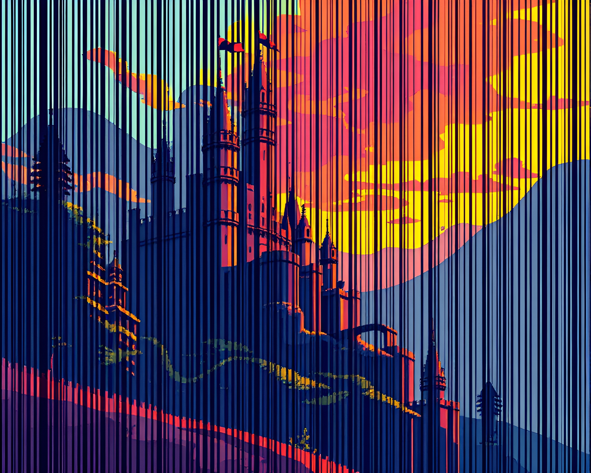 Castle Illuminated by Barcode Stripe in Pixel Art Style – free AI stock image