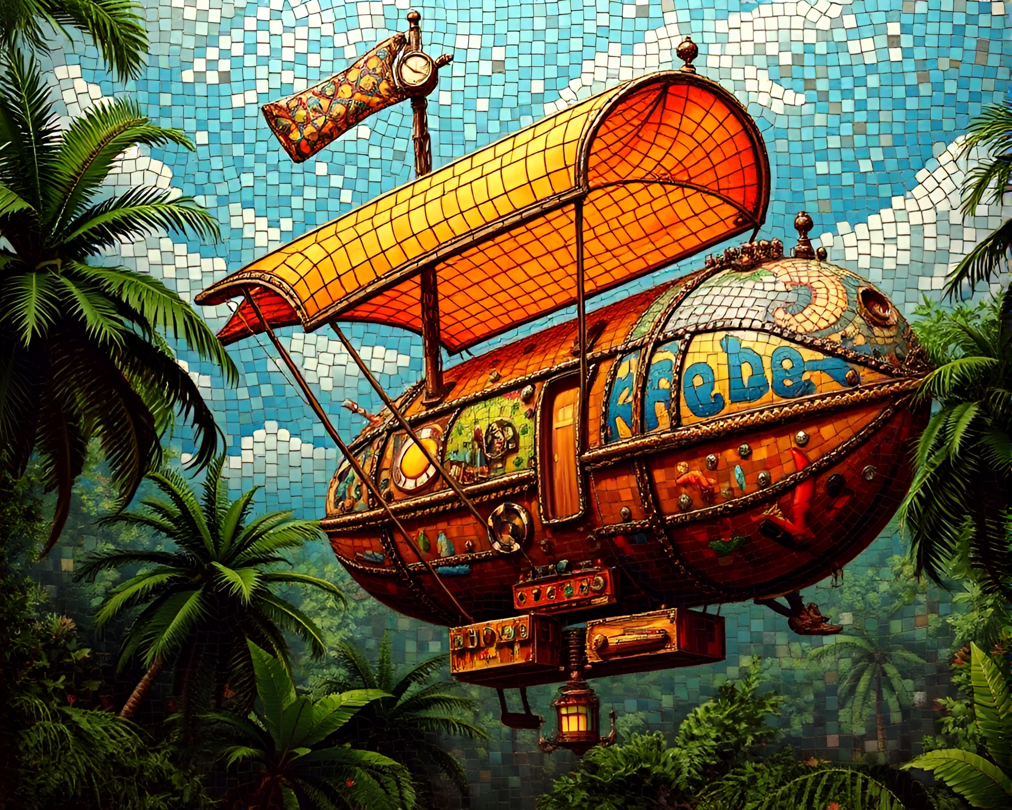 Hyper-realistic Steampunk Airship in Jungle Canopy Shade – free AI stock image