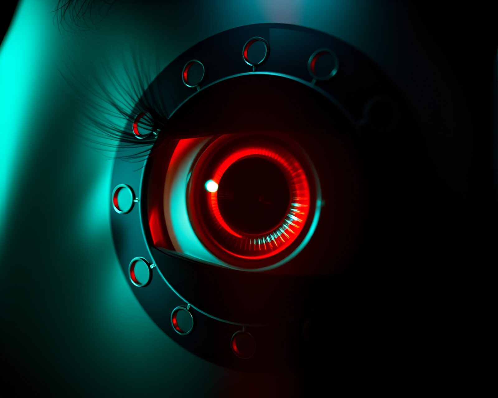 Split-toned image of cybernetic eye in spotlight with sprocket holes