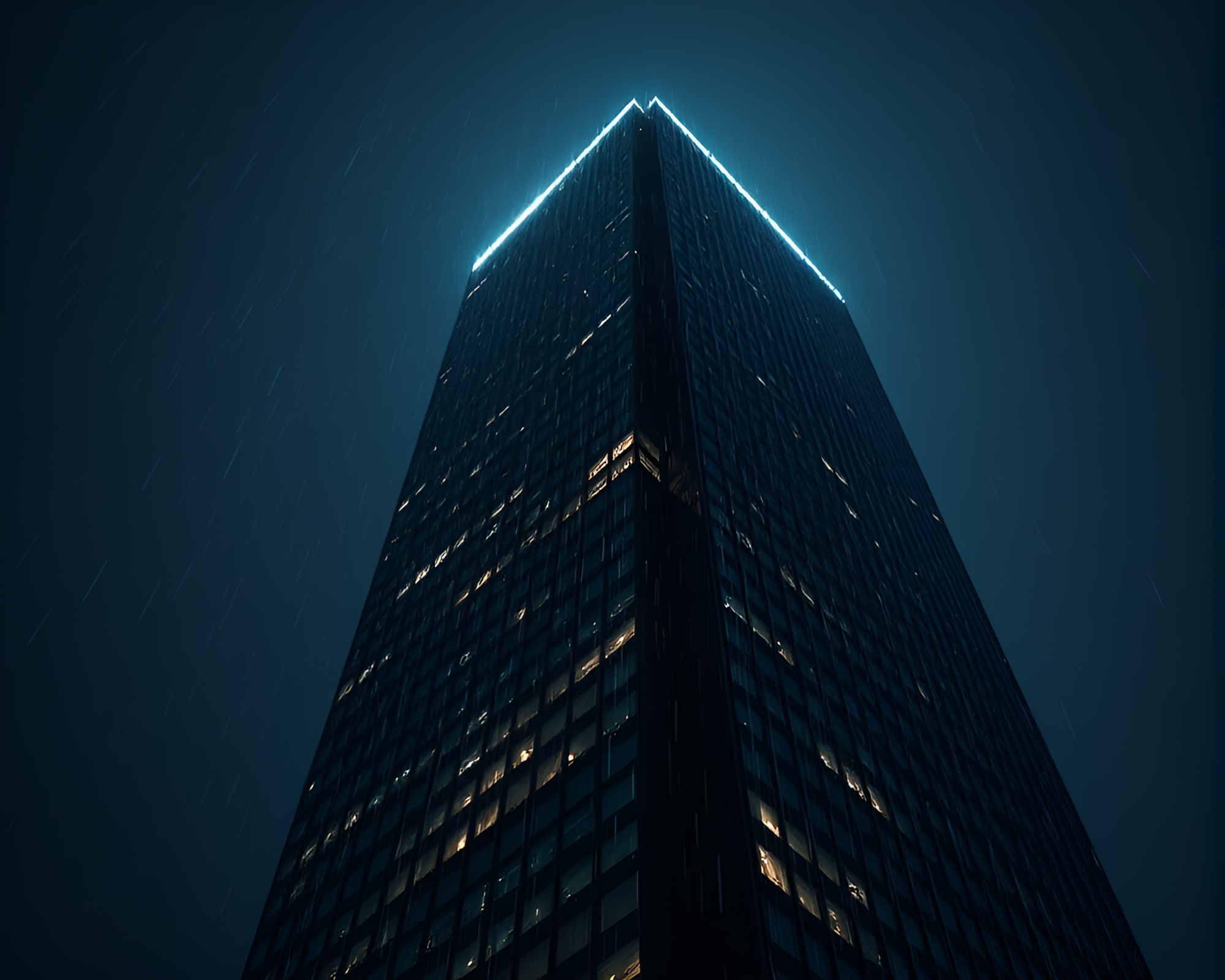 Glistening Raindrops on Charcoal Skyscraper – free AI stock image